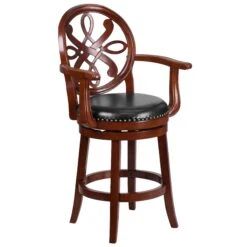 Flash 26'' High Wood Counter Height Stool With Arms, Carved Back And LeatherSoft Swivel Seat