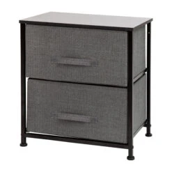 Flash 2 Drawer Wood Top Nightstand Storage Organizer With Cast Iron Frame And Dark Easy Pull Fabric Drawers