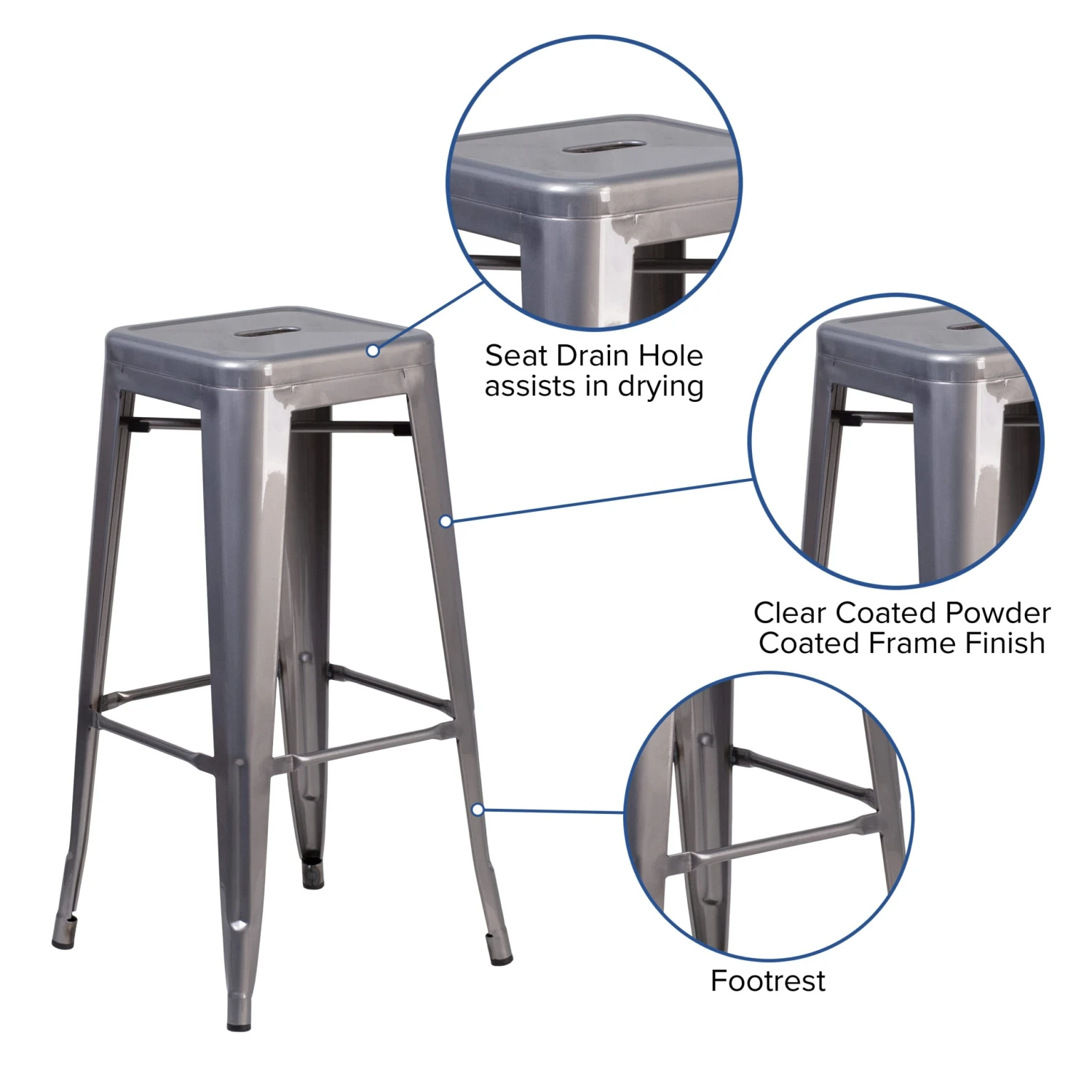 30'' High Backless Metal Indoor Barstool With Square Seat - Image 4