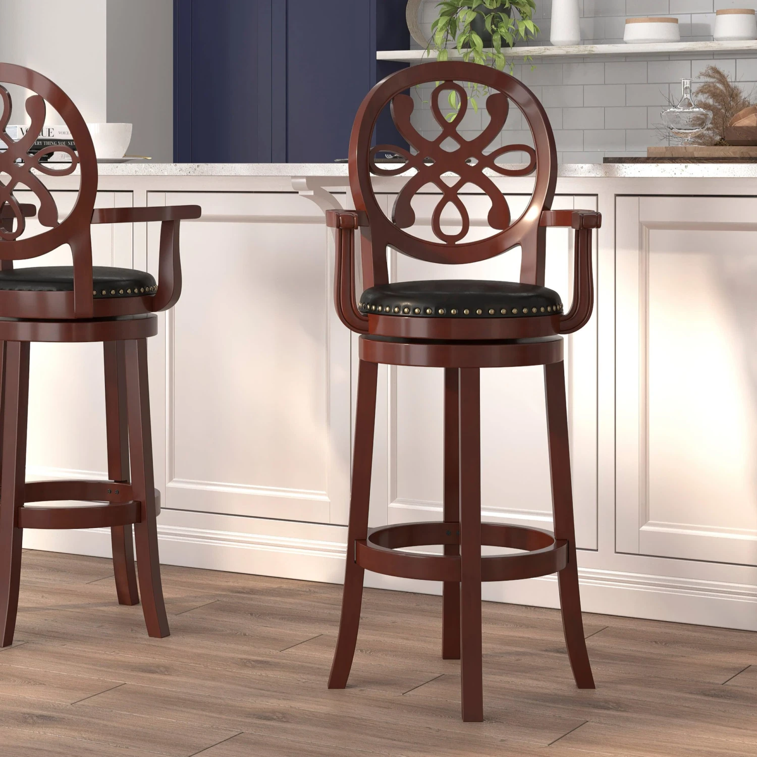 Flash 30'' High Wood Barstool With Arms, Carved Back And LeatherSoft Swivel Seat - Image 2