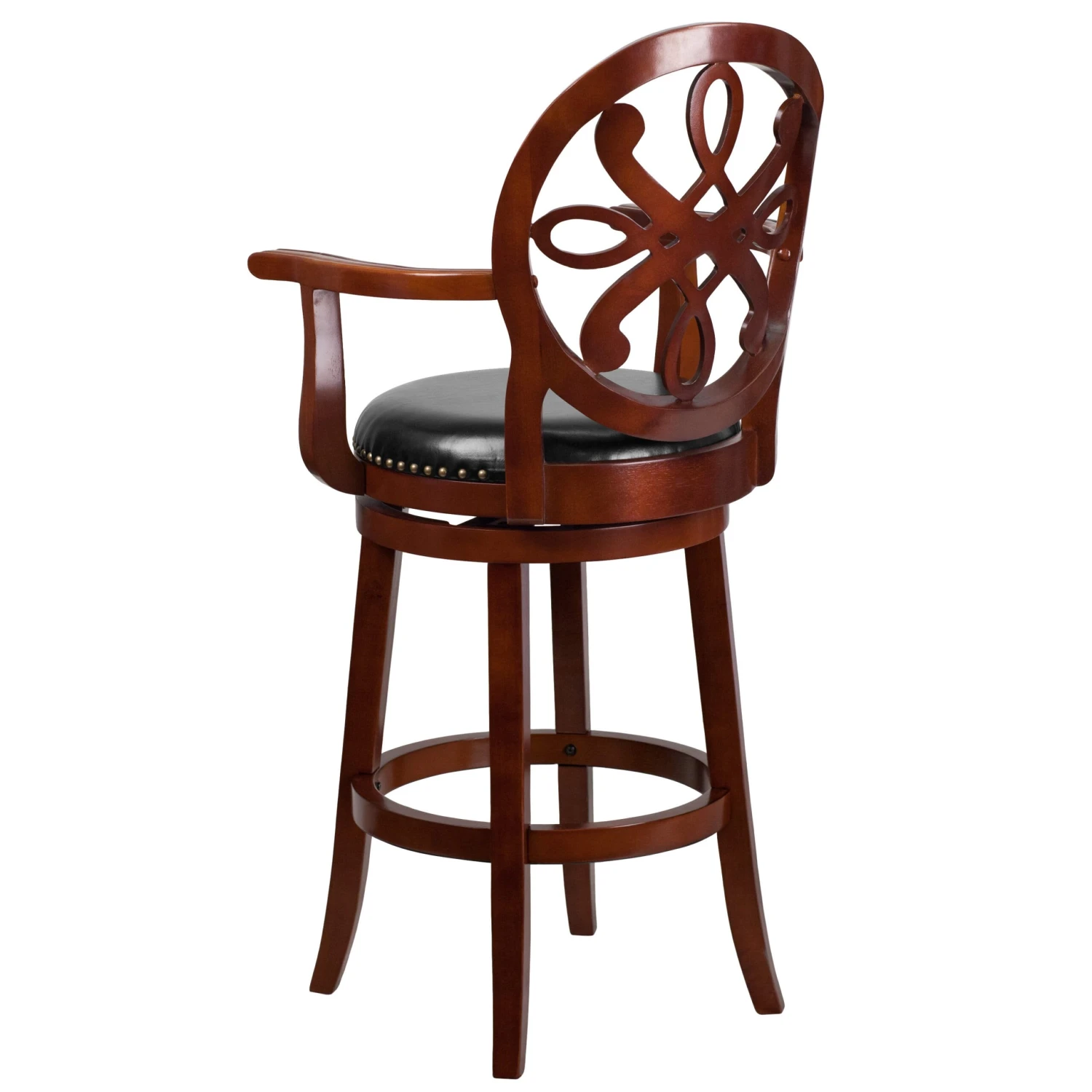 Flash 30'' High Wood Barstool With Arms, Carved Back And LeatherSoft Swivel Seat - Image 4