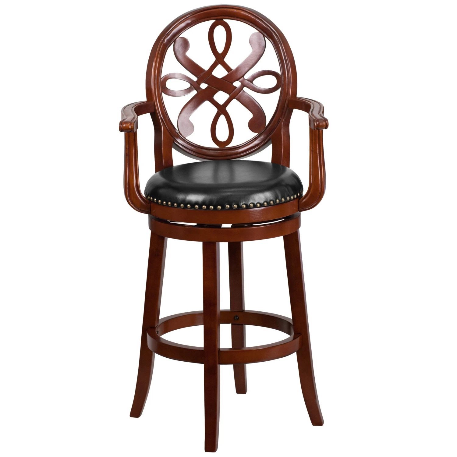 Flash 30'' High Wood Barstool With Arms, Carved Back And LeatherSoft Swivel Seat - Image 6