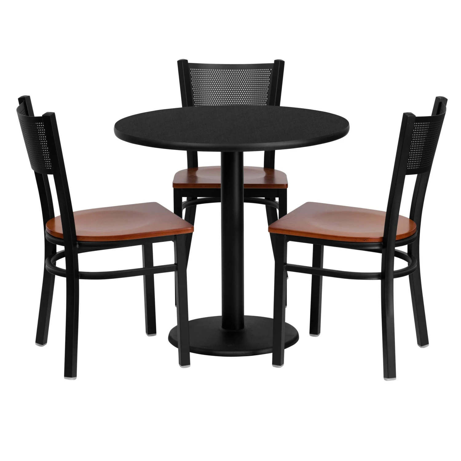 30'' Round Laminate Table Set With 3 Grid Back Metal Chairs