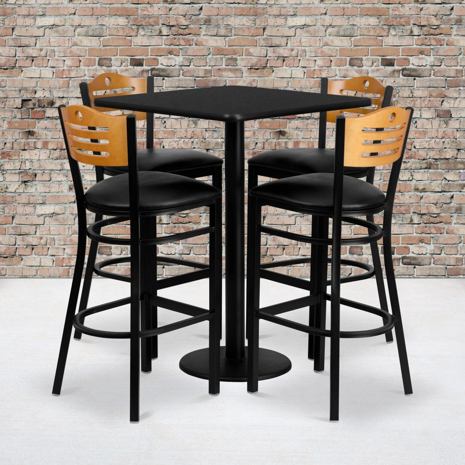 30'' Square Laminate Table Set With 4 Wood Slat Back Metal Barstools - Image 2