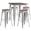 Flash 31.5" Square Metal Bar Table Set With Wood Top And 4 Backless Stools