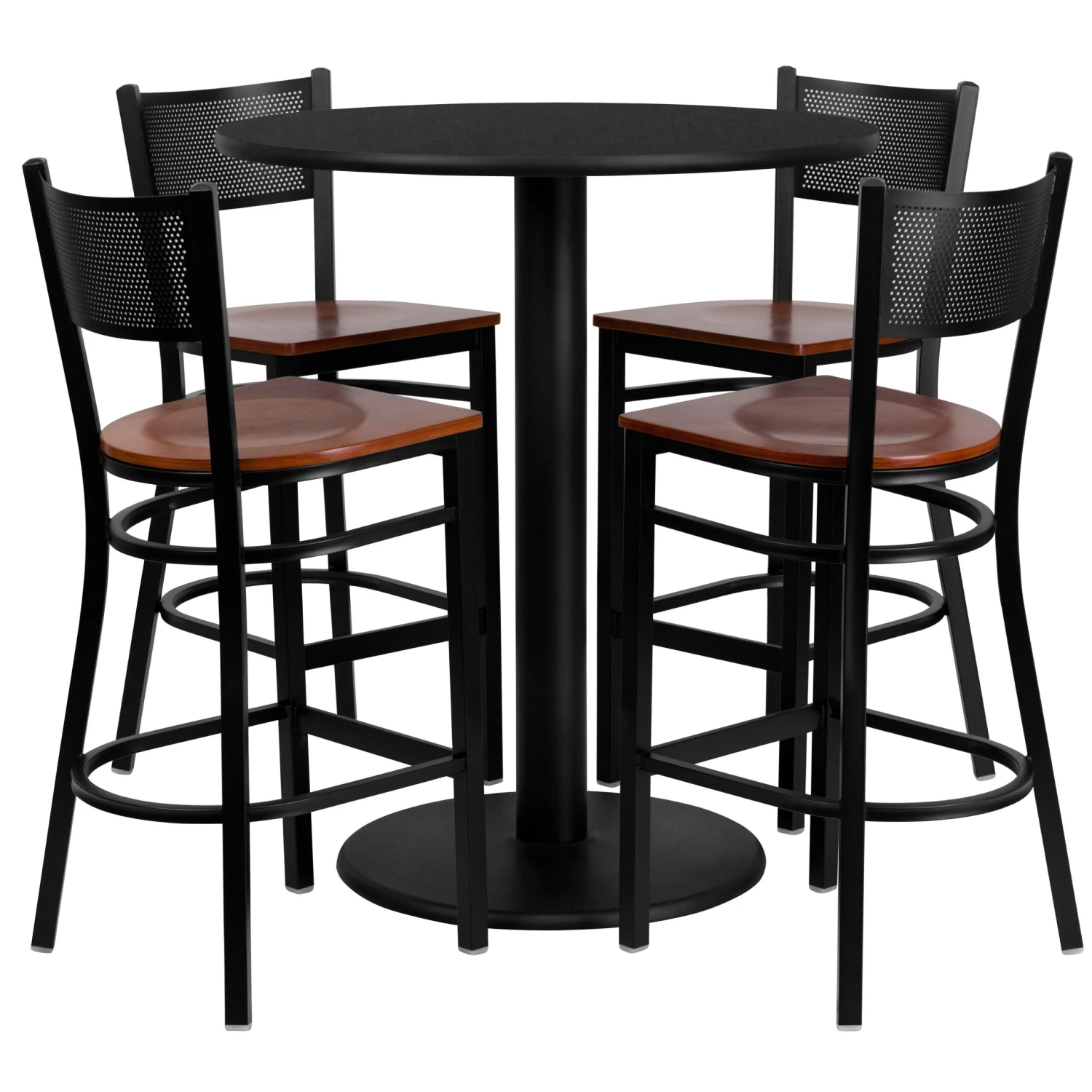 36'' Round Laminate Table Set With 4 Grid Back Metal Barstools