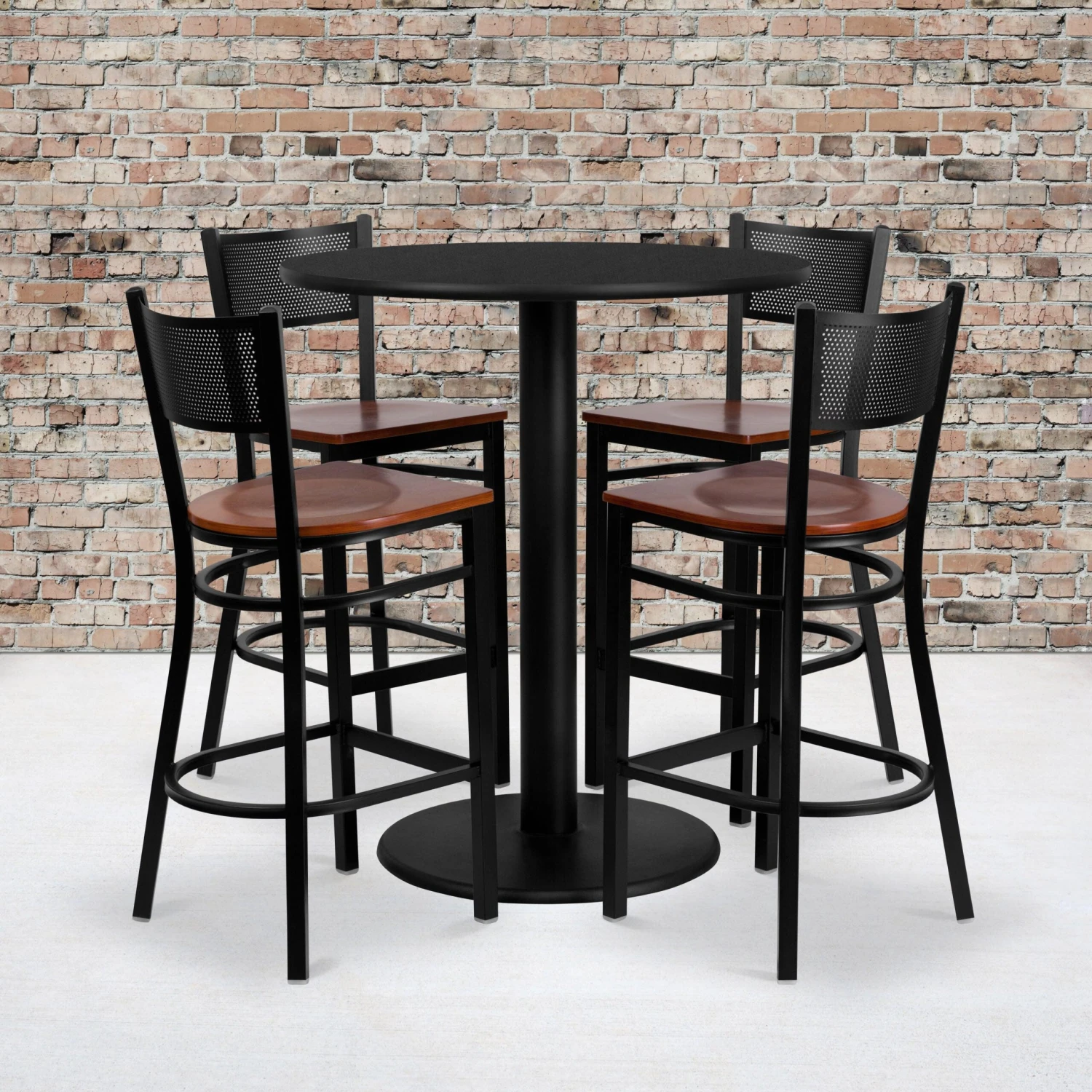 36'' Round Laminate Table Set With 4 Grid Back Metal Barstools - Image 2