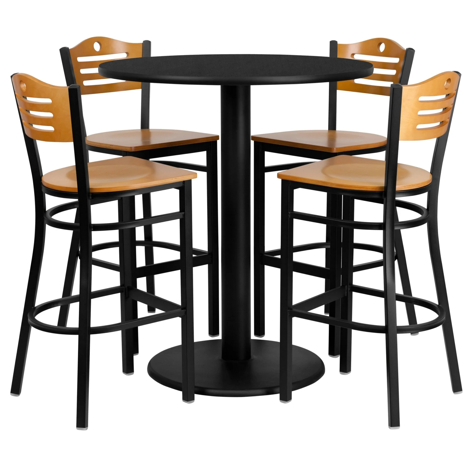 36'' Round Laminate Table Set With 4 Wood Slat Back Metal Barstools