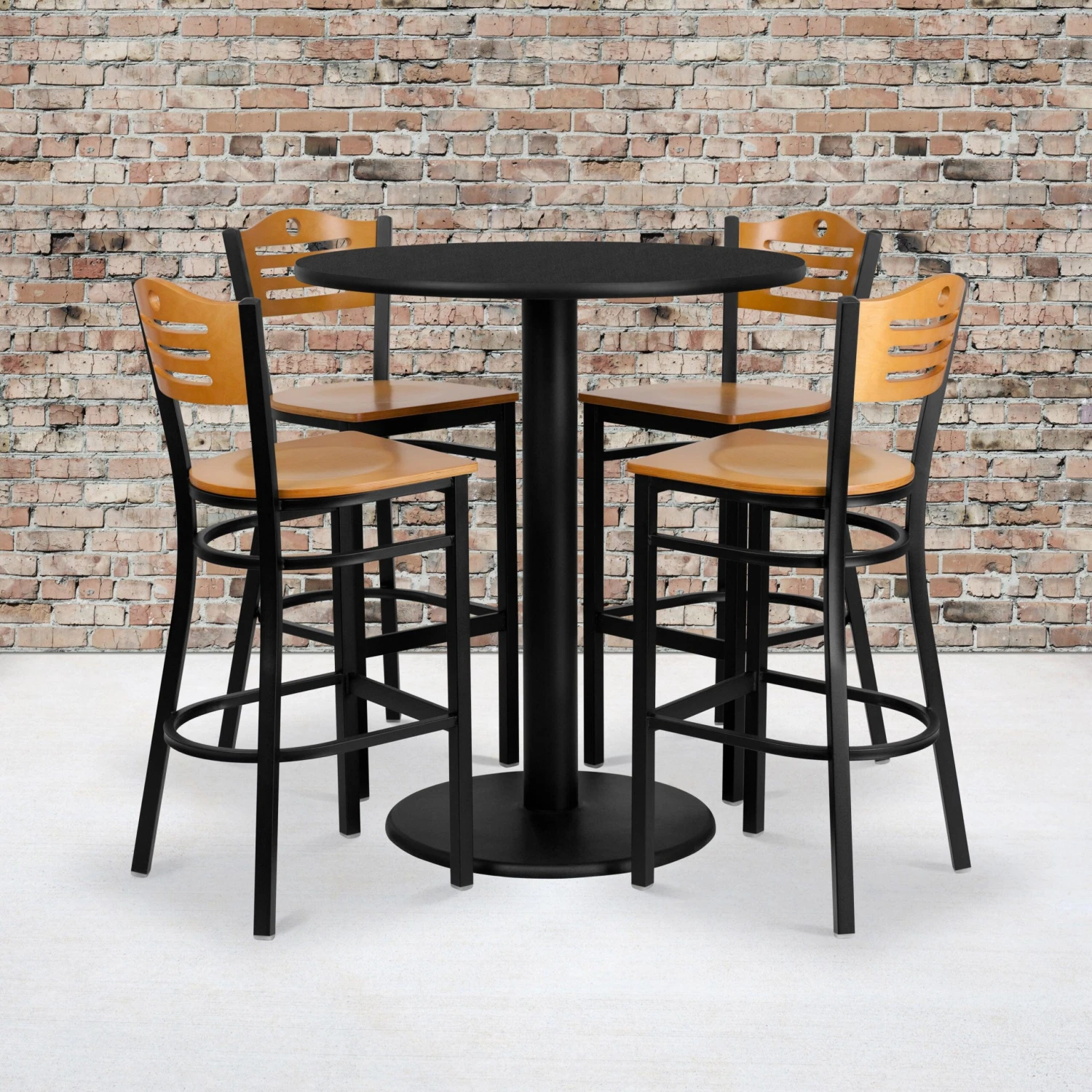 36'' Round Laminate Table Set With 4 Wood Slat Back Metal Barstools - Image 2