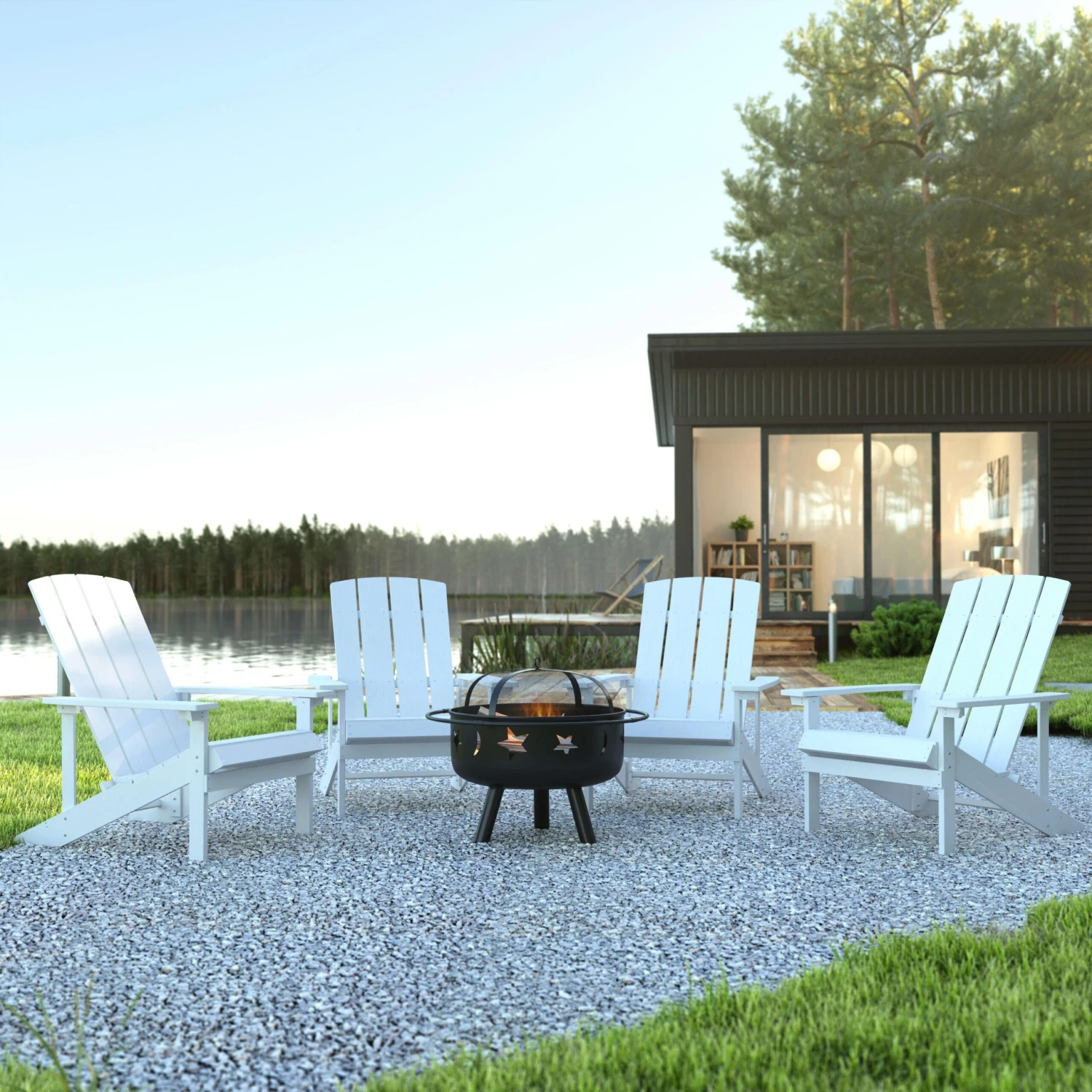 Flash 5 Piece Charlestown Poly Resin Wood Adirondack Chair Set With Fire Pit - Star And Moon Fire Pit With Mesh Cover - Image 14