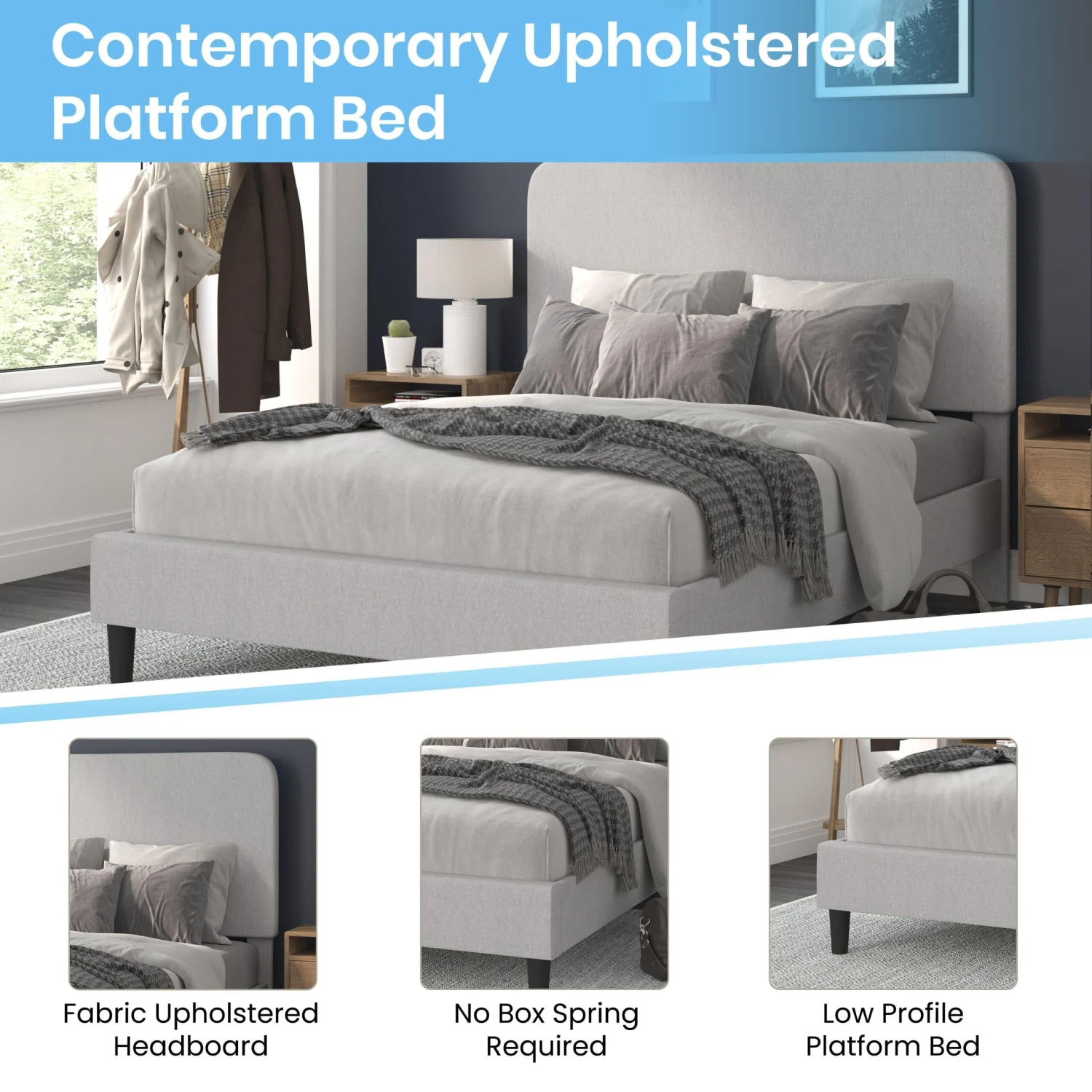 Flash Addison Upholstered Platform Bed - Headboard With Rounded Edges - No Box Spring Or Foundation Needed - Image 15