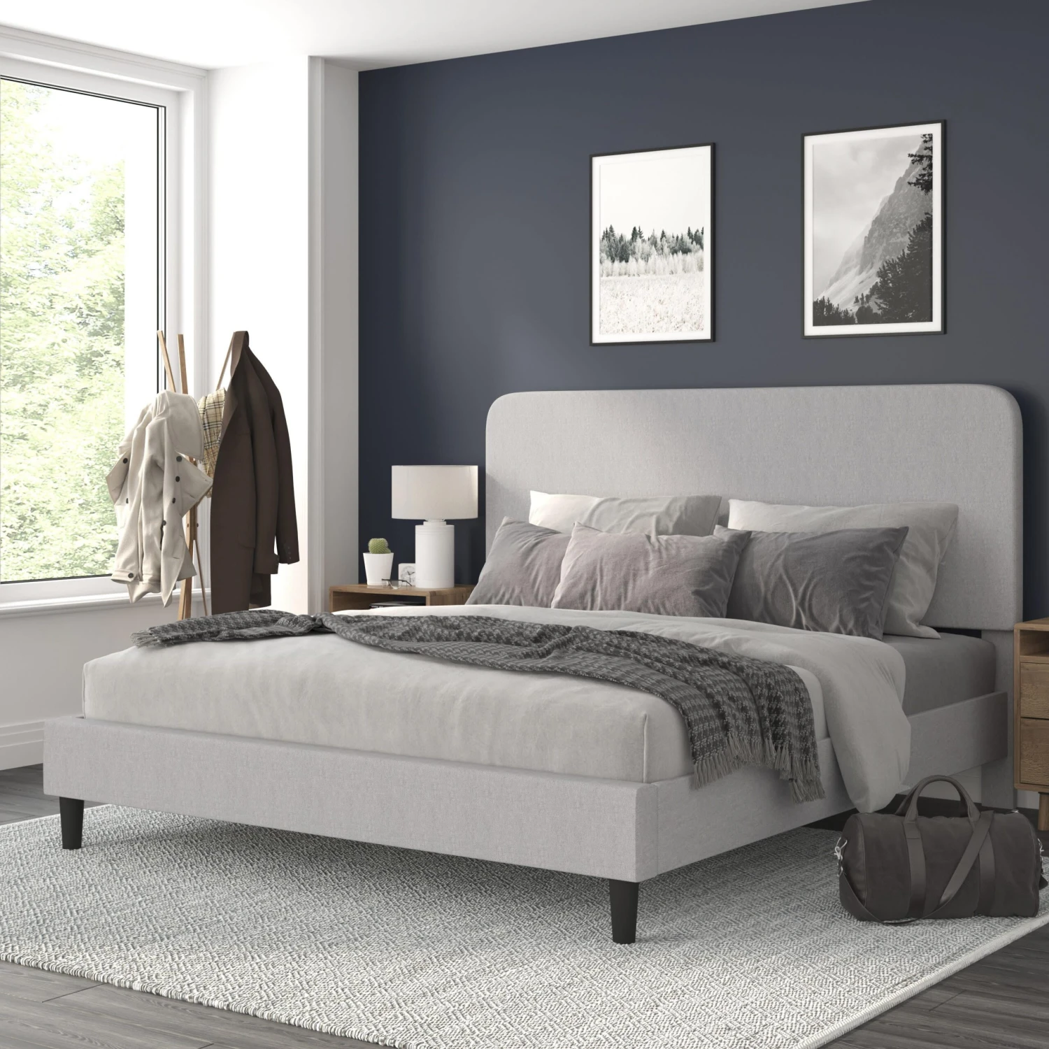 Flash Addison Upholstered Platform Bed - Headboard With Rounded Edges - No Box Spring Or Foundation Needed - Image 2