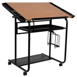 Flash Adjustable Drawing And Drafting Table With Black Frame And Dual Wheel Casters