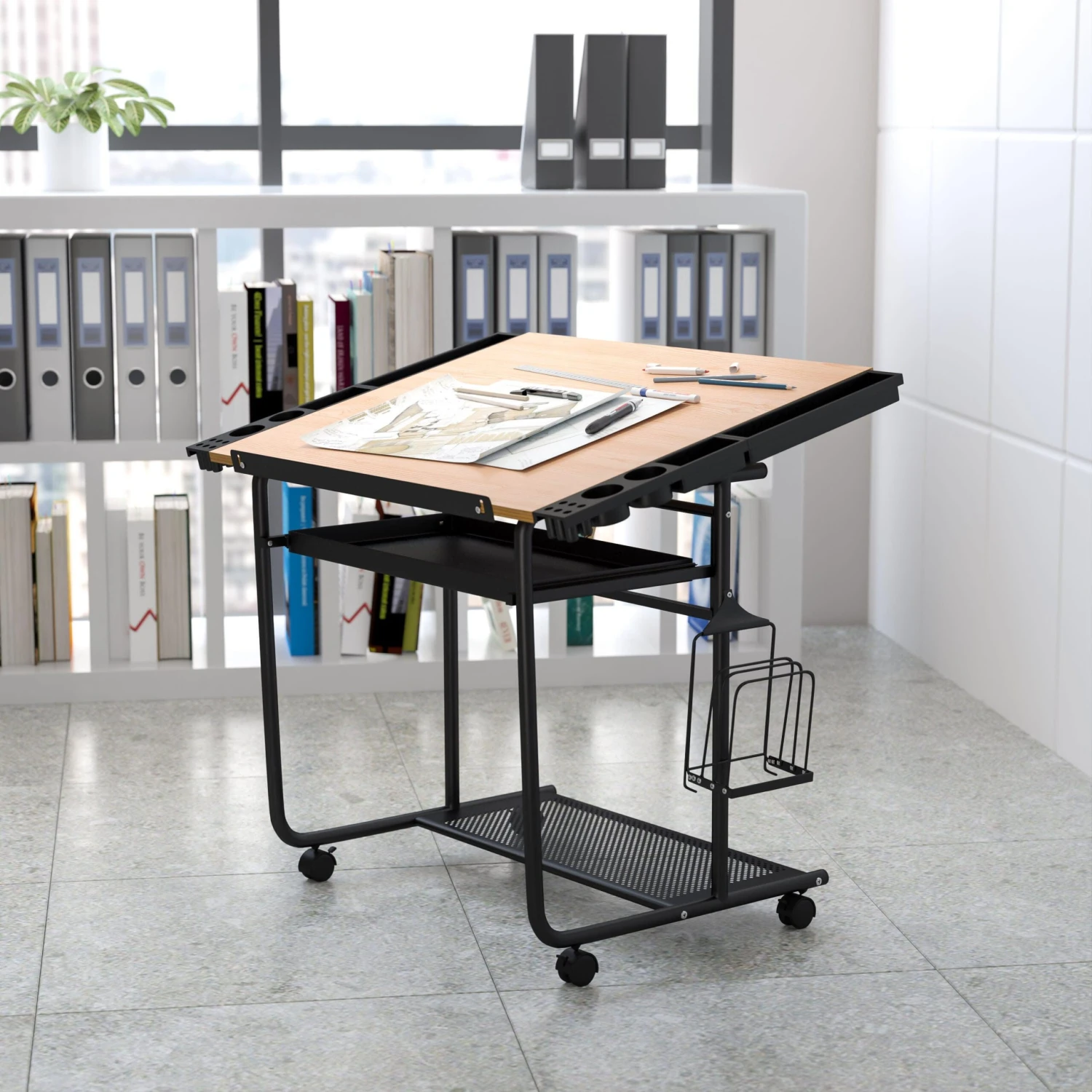 Flash Adjustable Drawing And Drafting Table With Black Frame And Dual Wheel Casters - Image 2