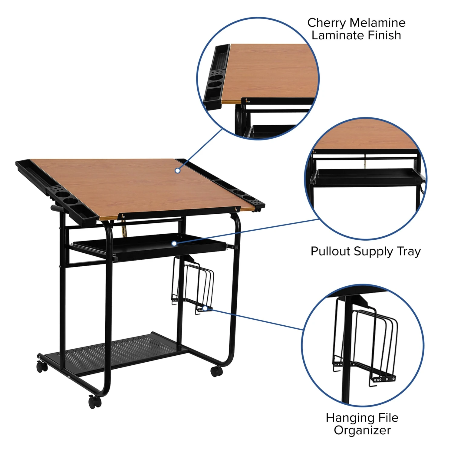 Flash Adjustable Drawing And Drafting Table With Black Frame And Dual Wheel Casters - Image 6