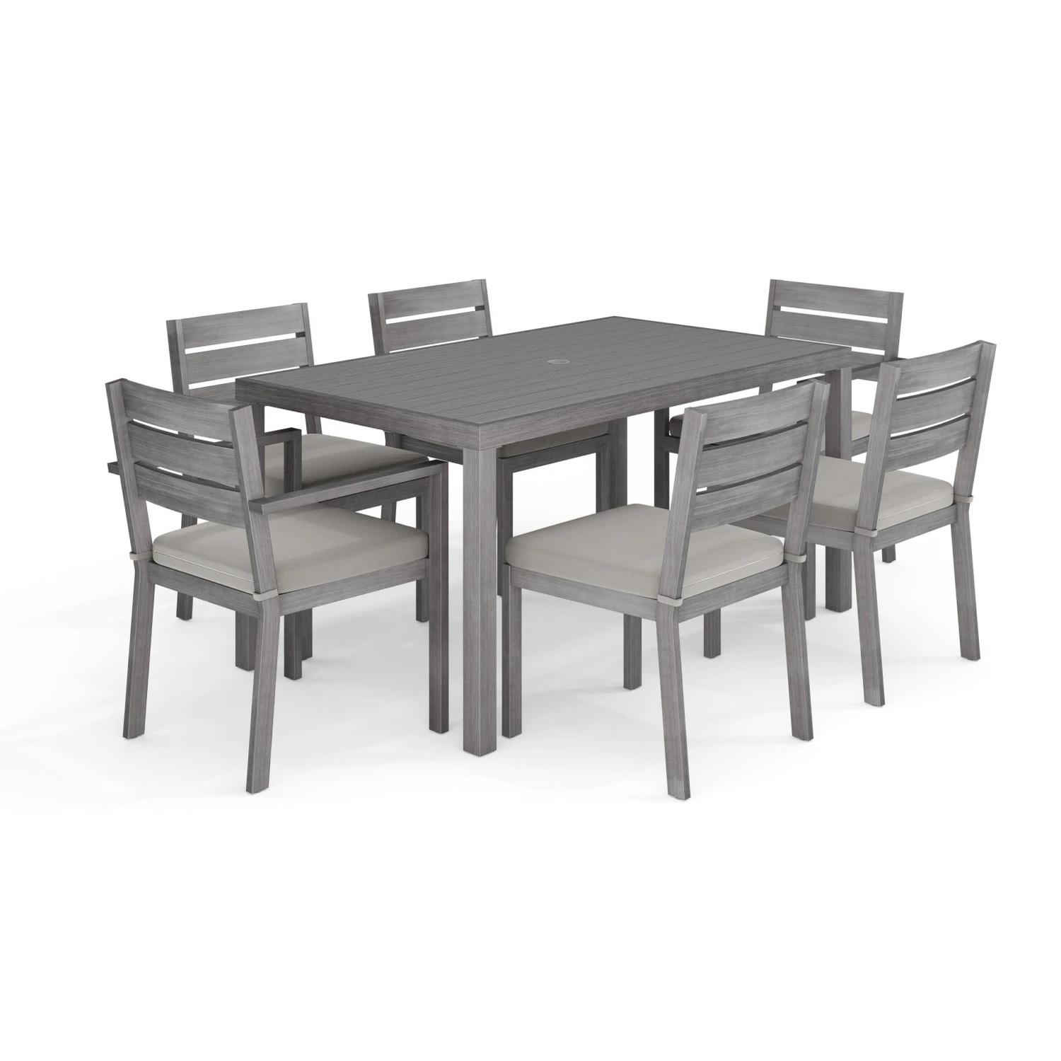 Bedford Indoor-Outdoor Patio Set With 60" Table And 6 Dining Chairs With Brushed Woodgrain Aluminum Finish And All-Weather Seat Cushions