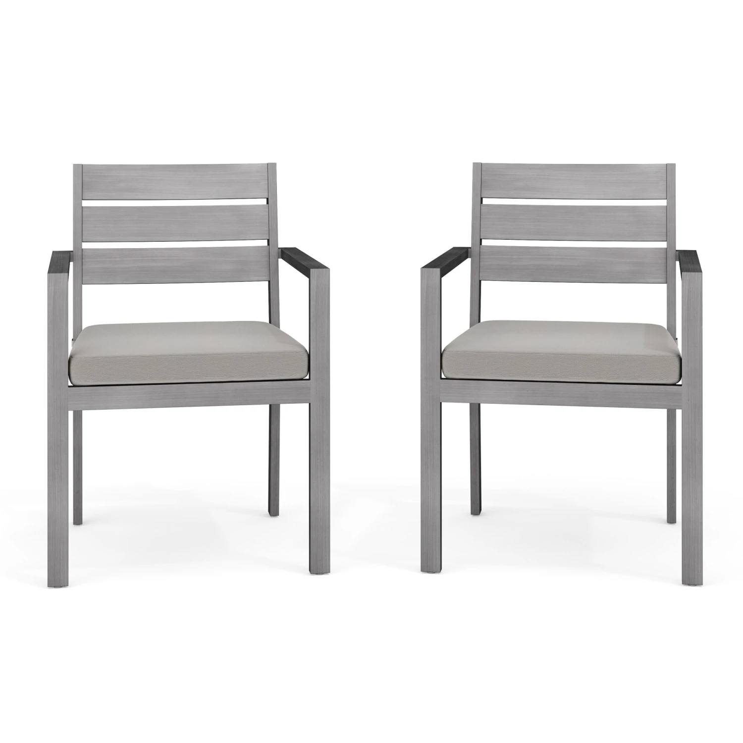 Bedford Set Of 2 Indoor-Outdoor Stackable Patio Dining Armchairs With Brushed Woodgrain Aluminum Finish And All-Weather Seat Cushions - Image 6