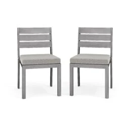 Bedford Set Of 2 Indoor-Outdoor Stackable Patio Dining Chairs With Brushed Woodgrain Aluminum Finish And All-Weather Seat Cushions