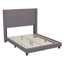 Flash Bianca Upholstered Platform Bed With Vertical Stitched Wingback Headboard, Slatted Mattress Foundation, No Box Spring Needed
