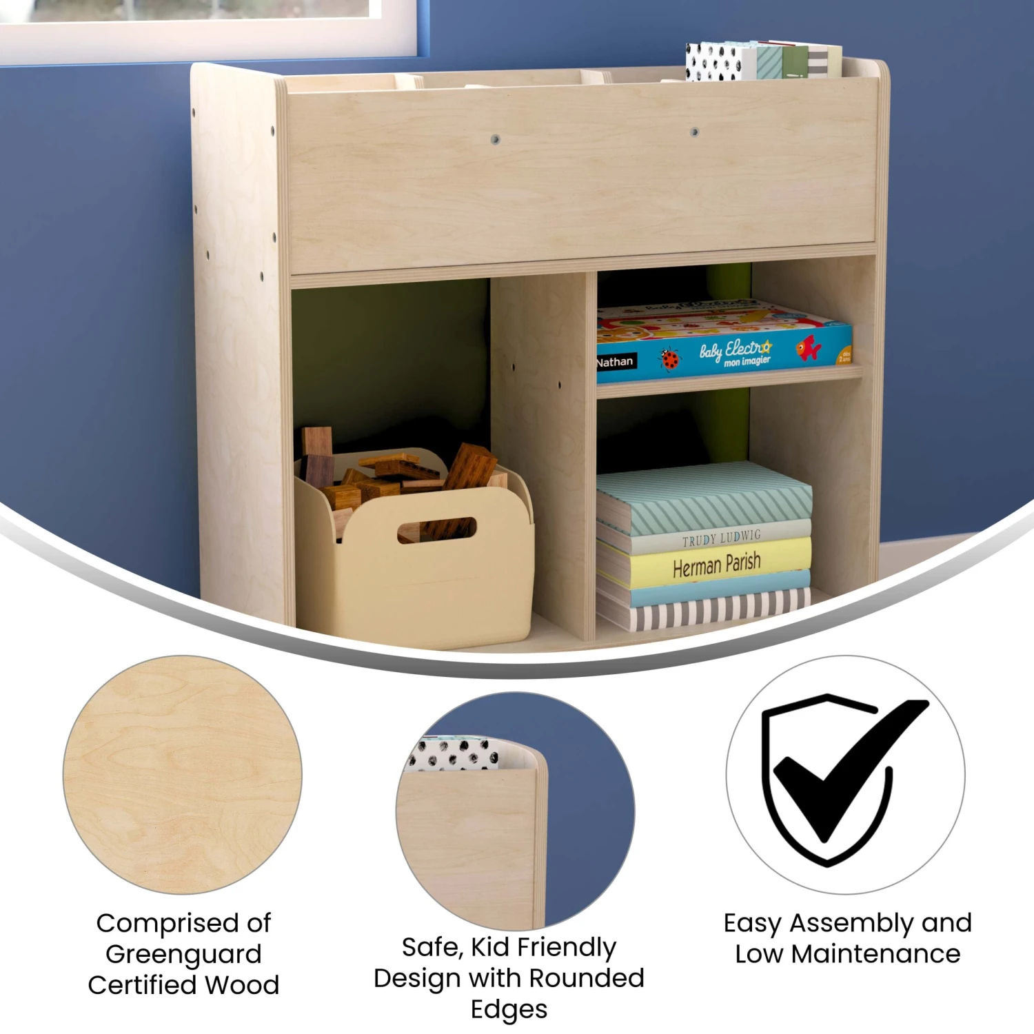 Flash Bright Beginnings Commercial Grade Double Sided Space Saving Wooden Mobile Storage Cart With Locking Caster Wheels - Image 4