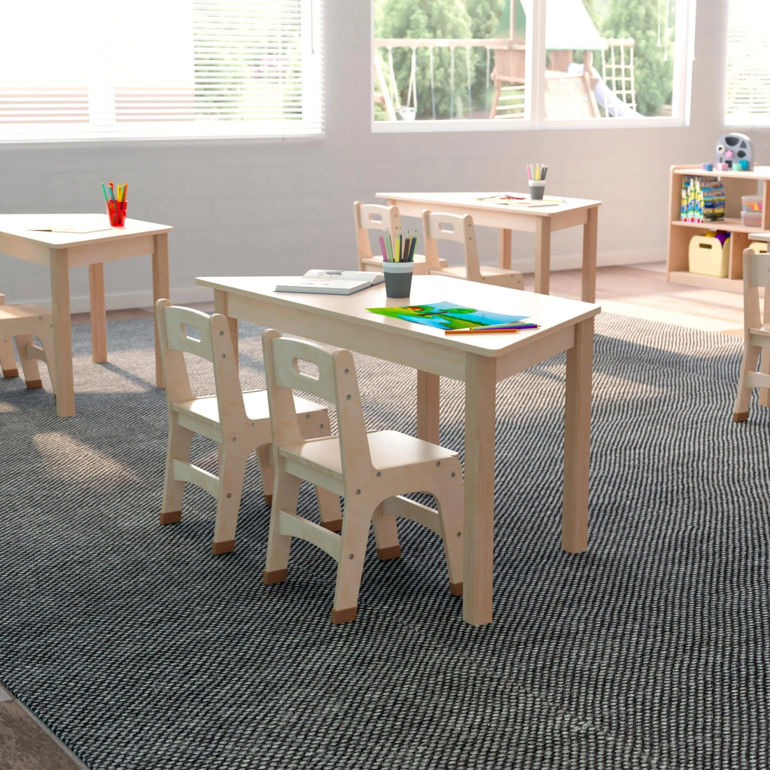 Flash Bright Beginnings Commercial Grade Trapezoid Wooden Preschool Classroom Activity Table - Image 6