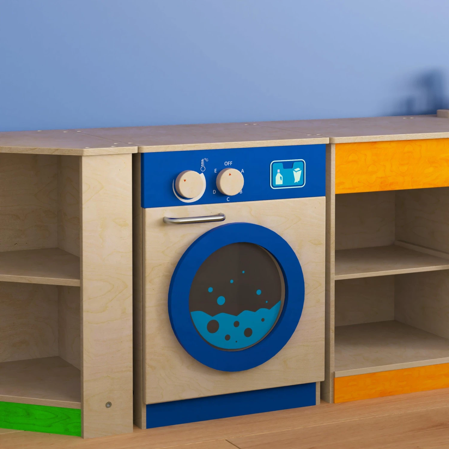 Flash Bright Beginnings Commercial Grade Wooden Kid's Washing Machine With Integrated Storage And Turning Knobs - Image 7