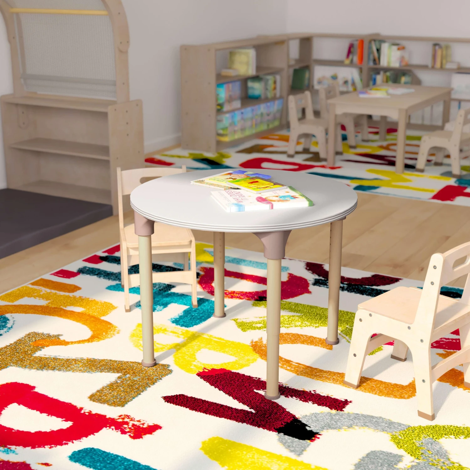 Flash Bright Beginnings Round Commercial Grade Wooden Adjustable Height Classroom Activity Table - Metal Legs Adjust From 15"H - 23"H - Image 6