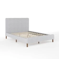 Britta Upholstered Platform Bed With Rounded Headboard, Piped Detailing And Cushioned Siderails, Wood Slat Bottom, No Box Spring Needed
