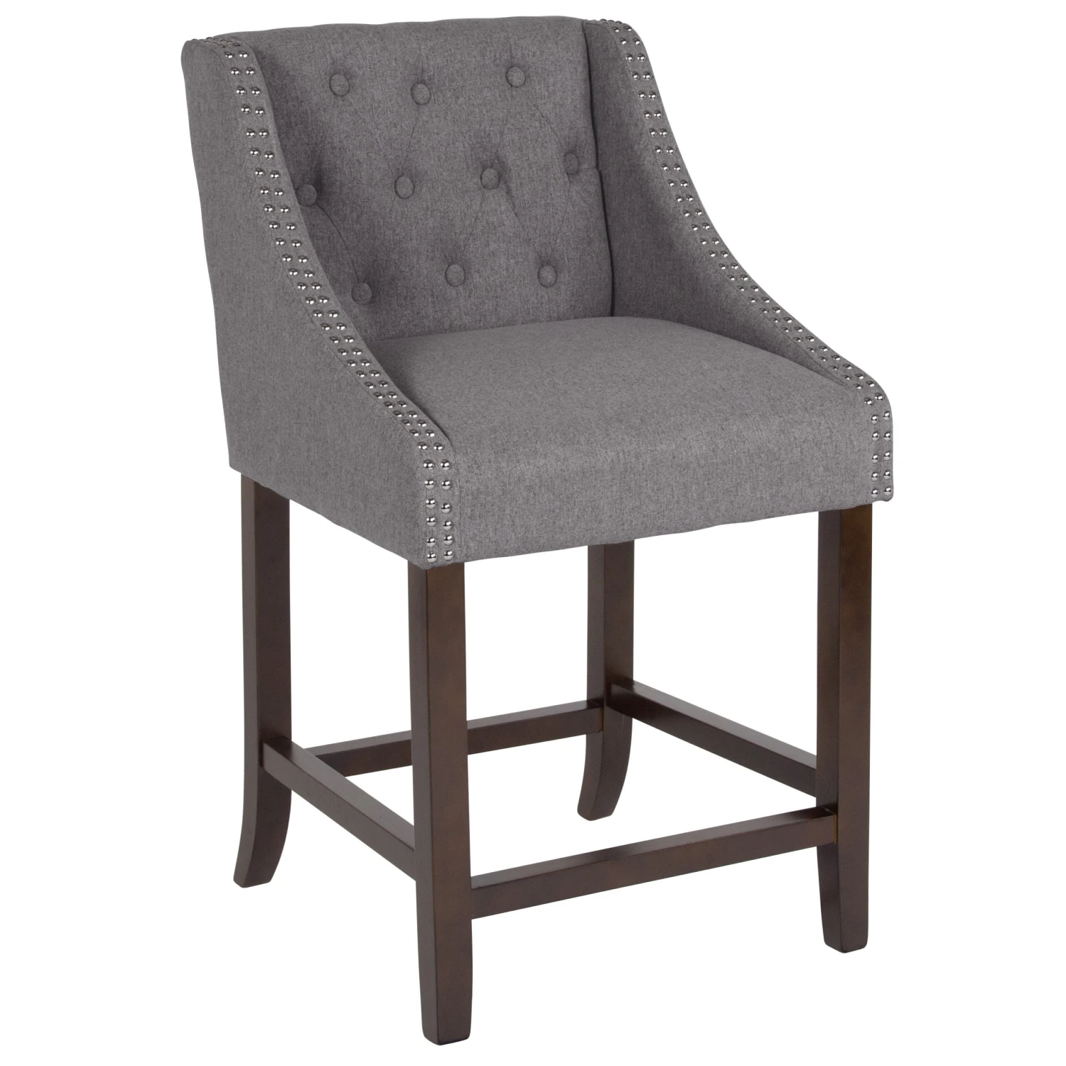 Flash Carmel Series 24" High Transitional Tufted Walnut Counter Height Stool With Accent Nail Trim