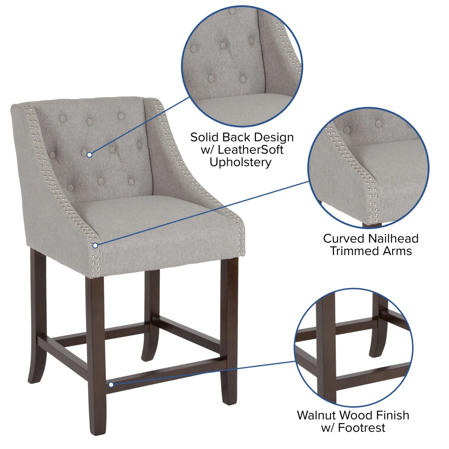 Flash Carmel Series 24" High Transitional Tufted Walnut Counter Height Stool With Accent Nail Trim - Image 17