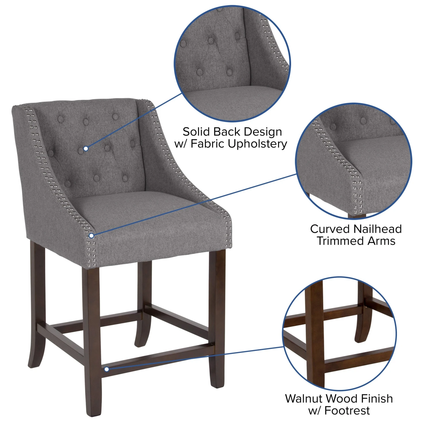 Flash Carmel Series 24" High Transitional Tufted Walnut Counter Height Stool With Accent Nail Trim - Image 5