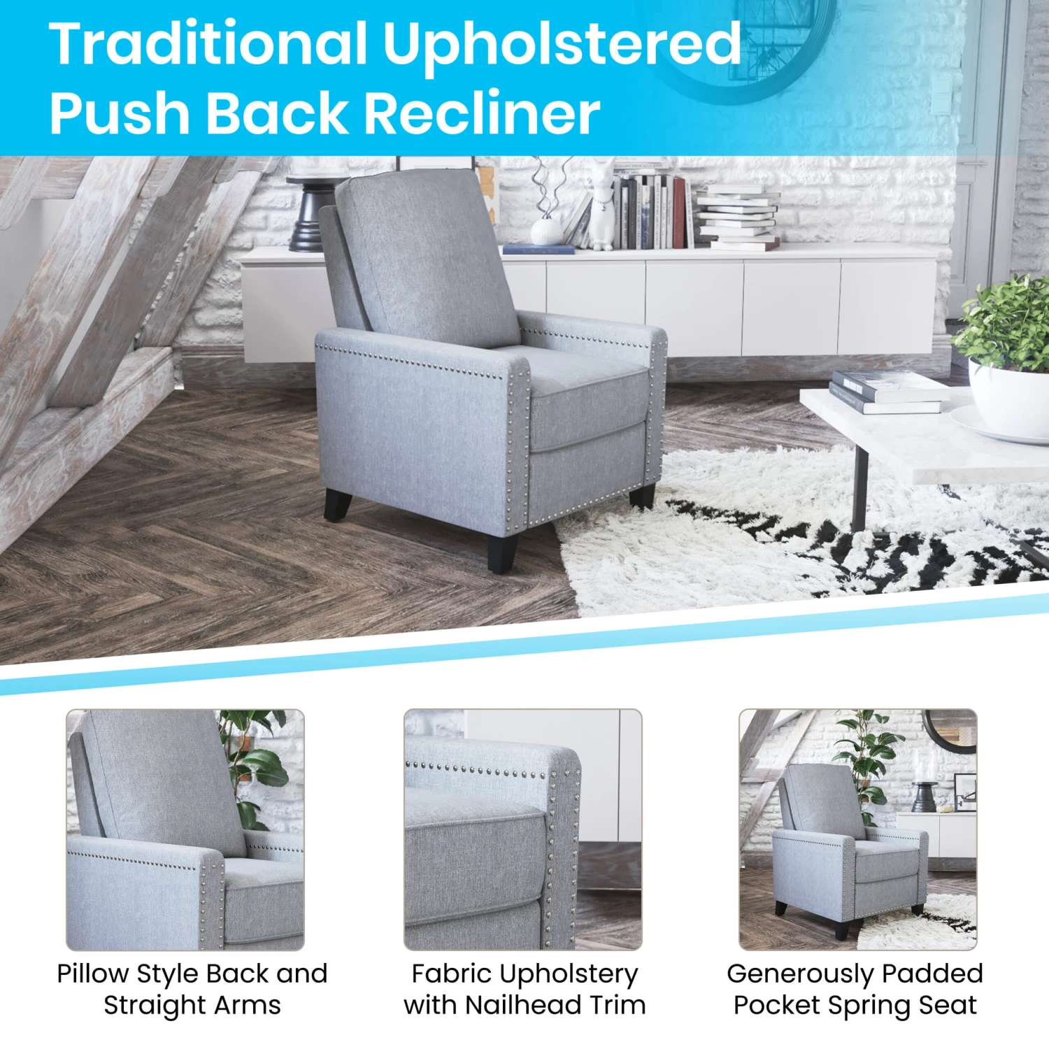 Flash Carson Transitional Style Push Back Recliner Chair - Pillow Back Recliner - Polyester Fabric Upholstery - Accent Nail Trim - Image 4