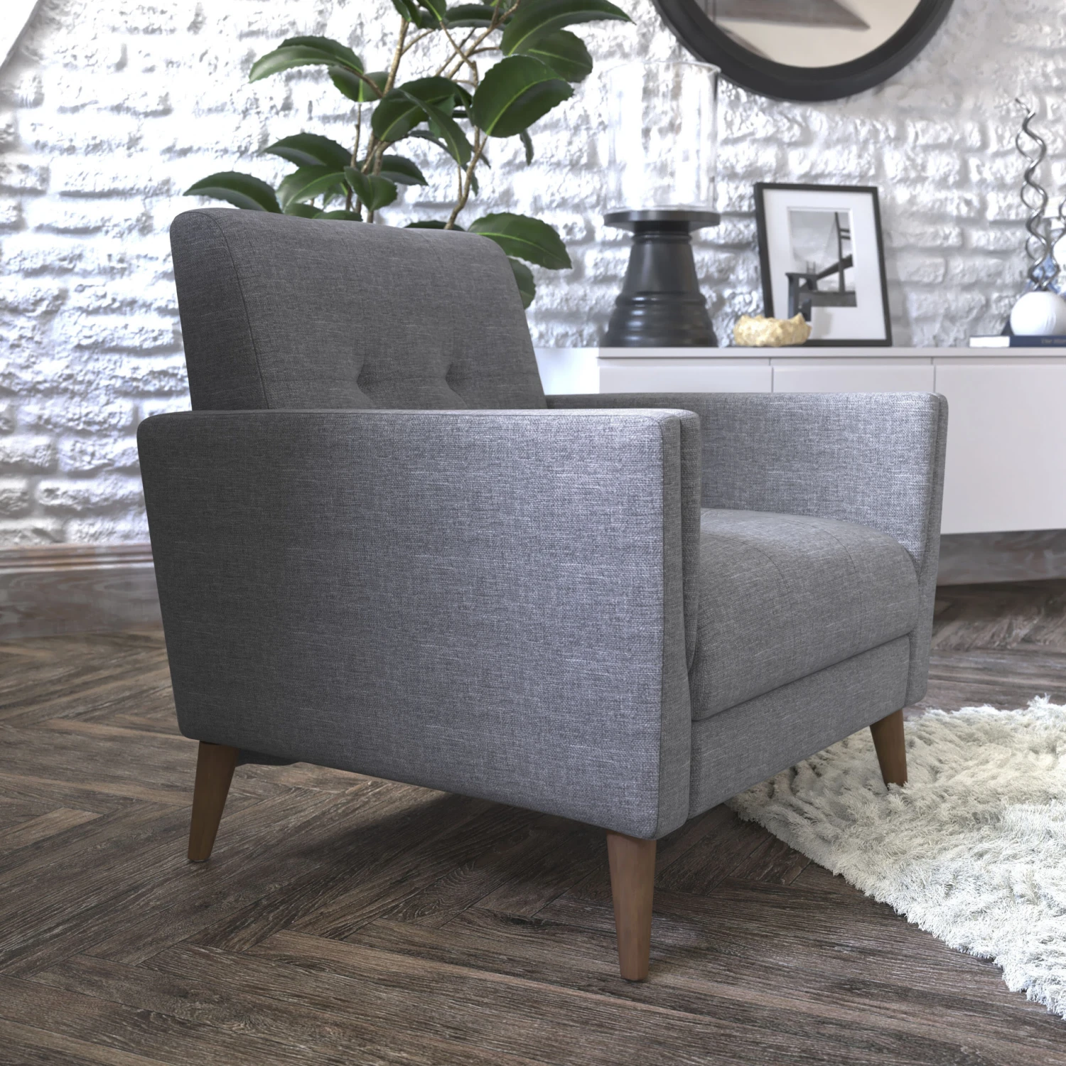 Flash Conrad Mid-Century Modern Commercial Grade Armchair With Tufted Faux Linen Upholstery & Solid Wood Legs - Image 6