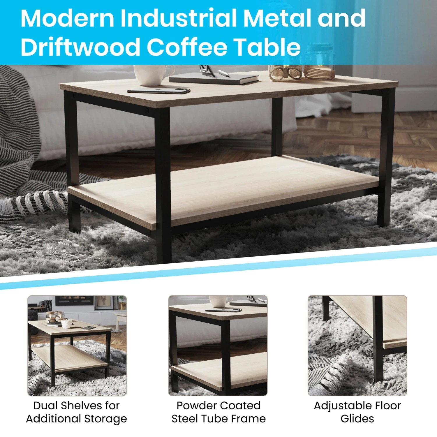 Flash Finley Modern Industrial 2 Tier Coffee Table - Image 4