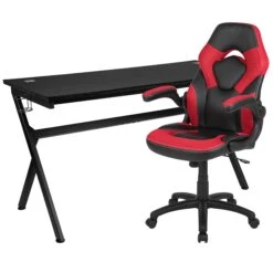 Flash Gaming Desk And Racing Chair Set With Cup Holder, Headphone Hook And Removable Mouse Pad Top - 2 Wire Management Holes