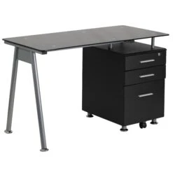 Flash Glass Computer Desk With Three Drawer Pedestal