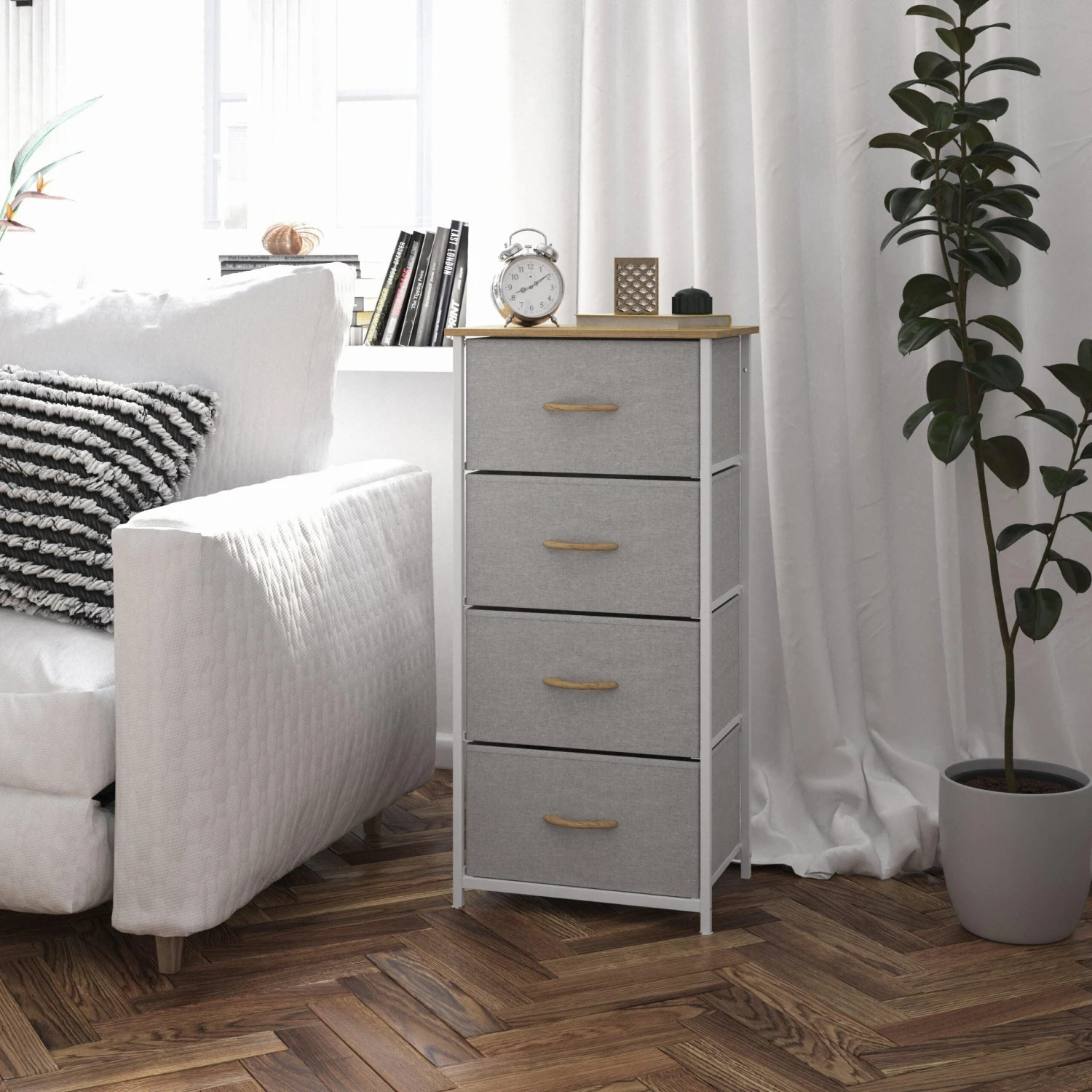 Flash Harris 4 Drawer Vertical Storage Dresser With Cast Iron Frame, Wood Top And Easy Pull Fabric Drawers With Wooden Handles - Image 2