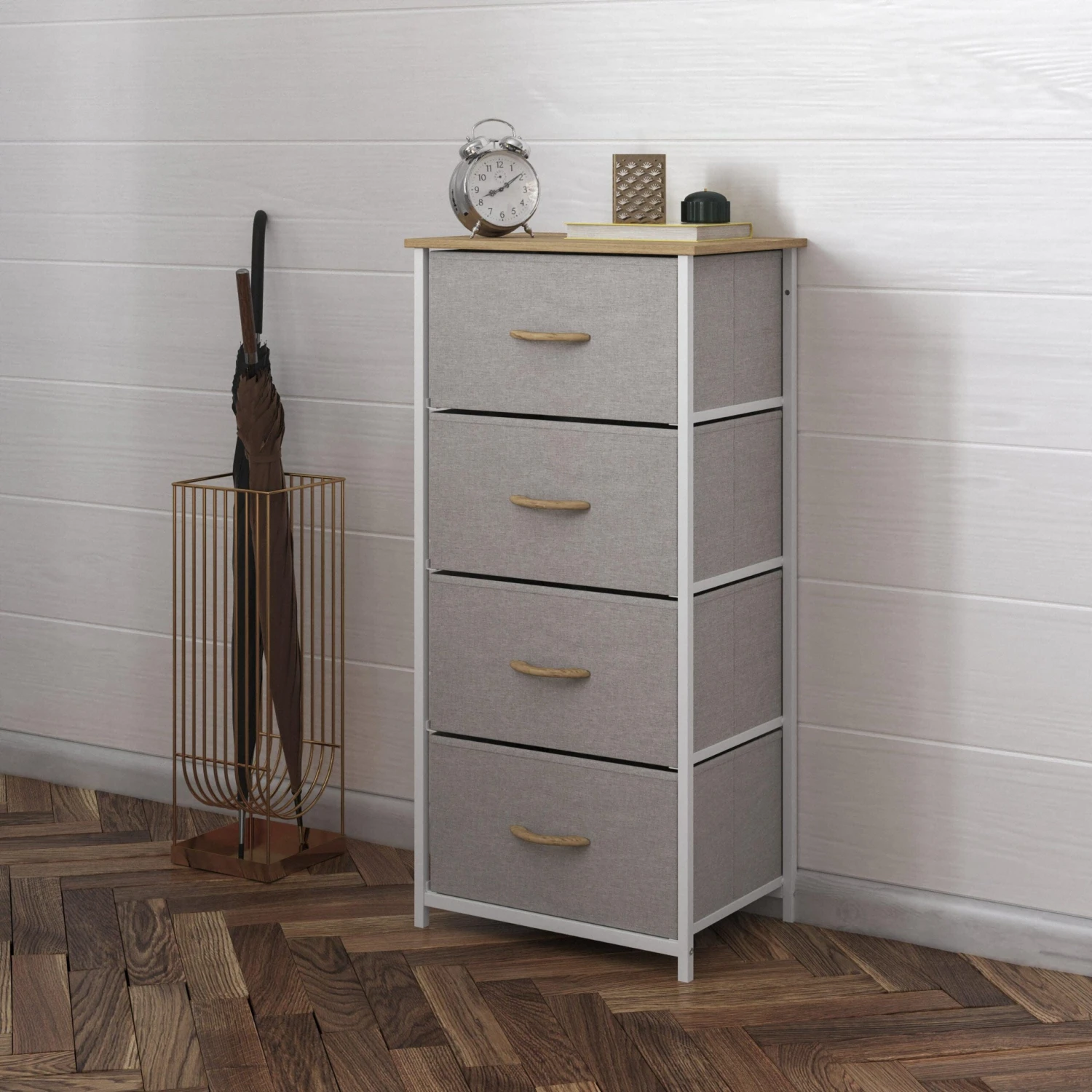 Flash Harris 4 Drawer Vertical Storage Dresser With Cast Iron Frame, Wood Top And Easy Pull Fabric Drawers With Wooden Handles - Image 6