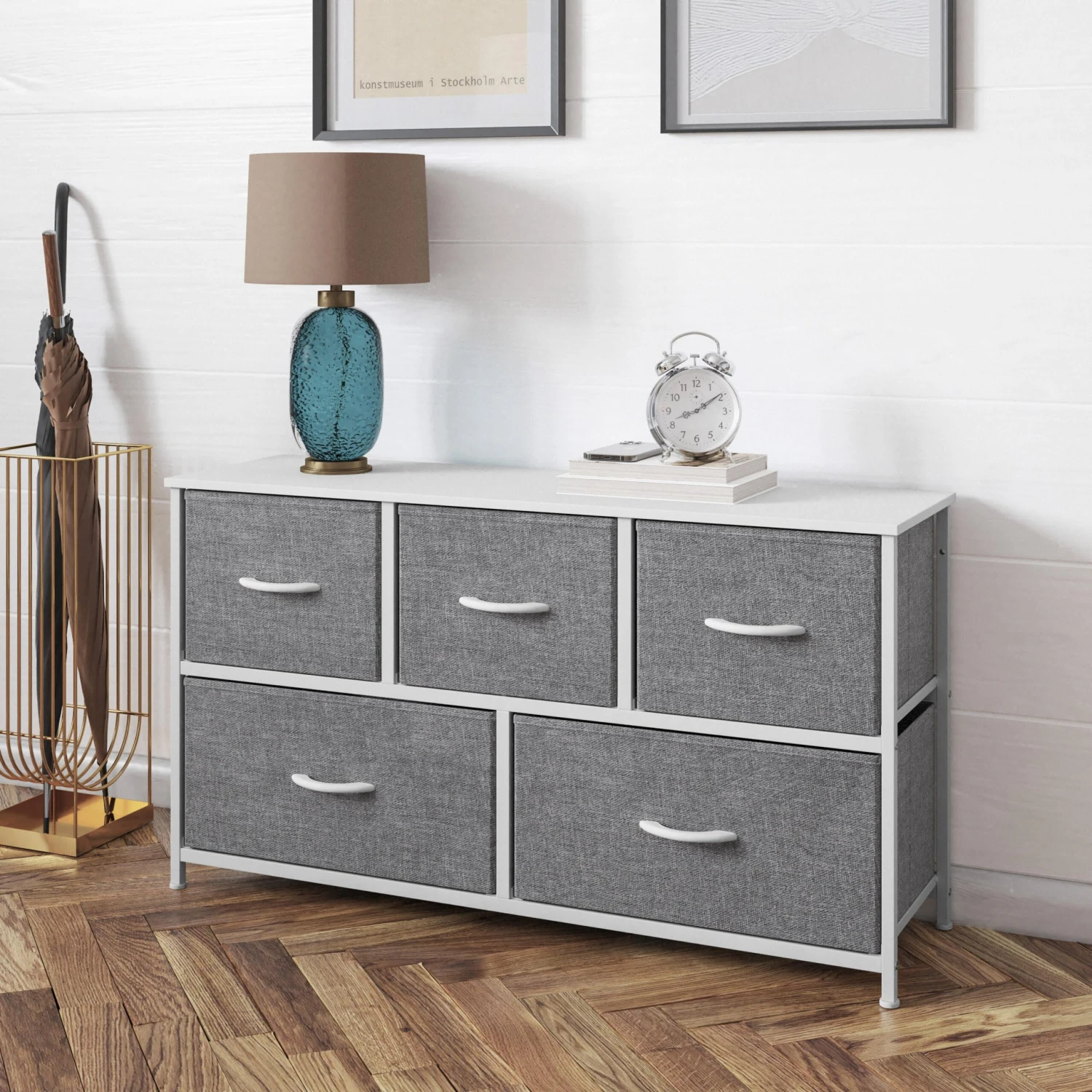 Flash Harris 5 Drawer Vertical Storage Dresser With Cast Iron Frame, Wood Top And Easy Pull Fabric Drawers With Wooden Handles - Image 14