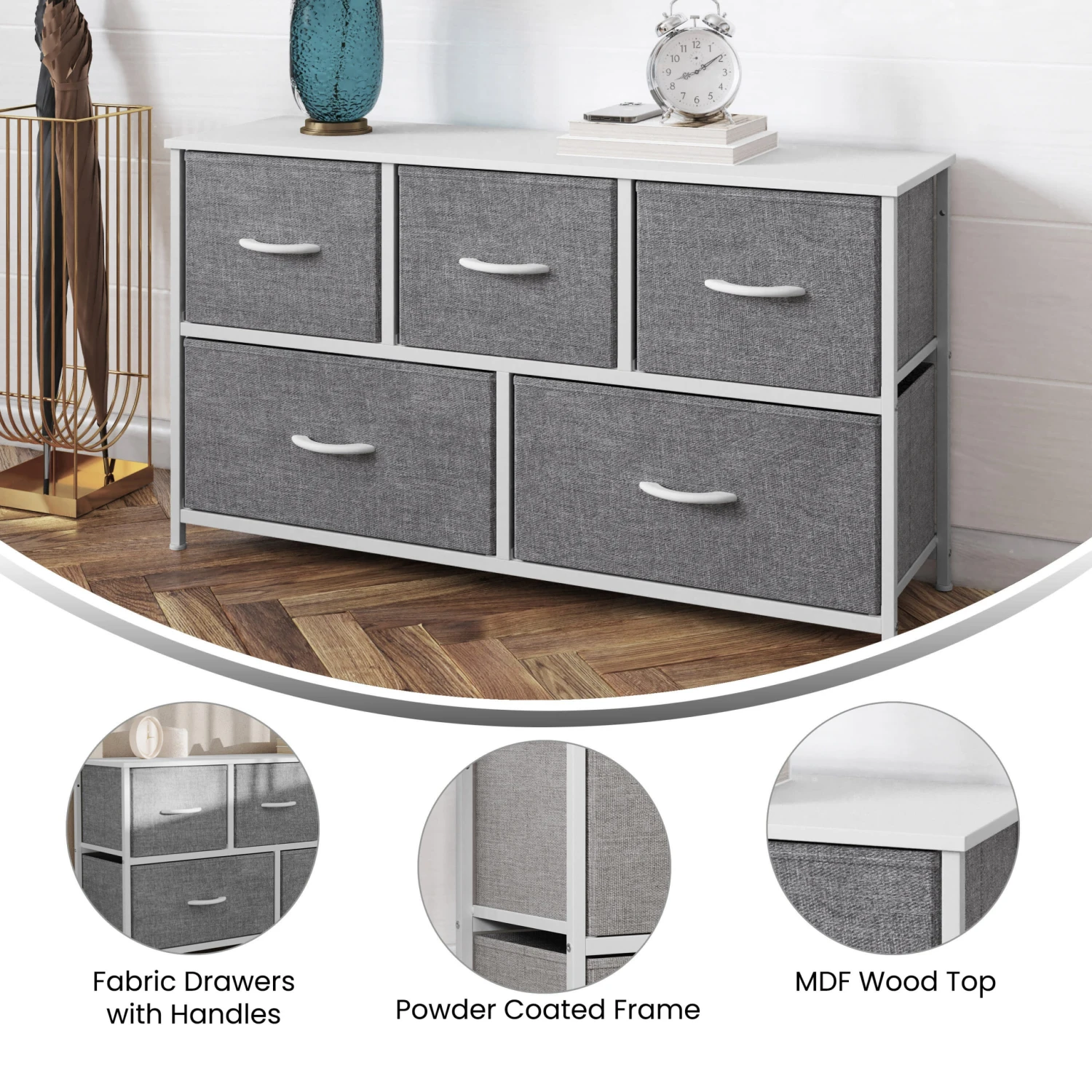 Flash Harris 5 Drawer Vertical Storage Dresser With Cast Iron Frame, Wood Top And Easy Pull Fabric Drawers With Wooden Handles - Image 16