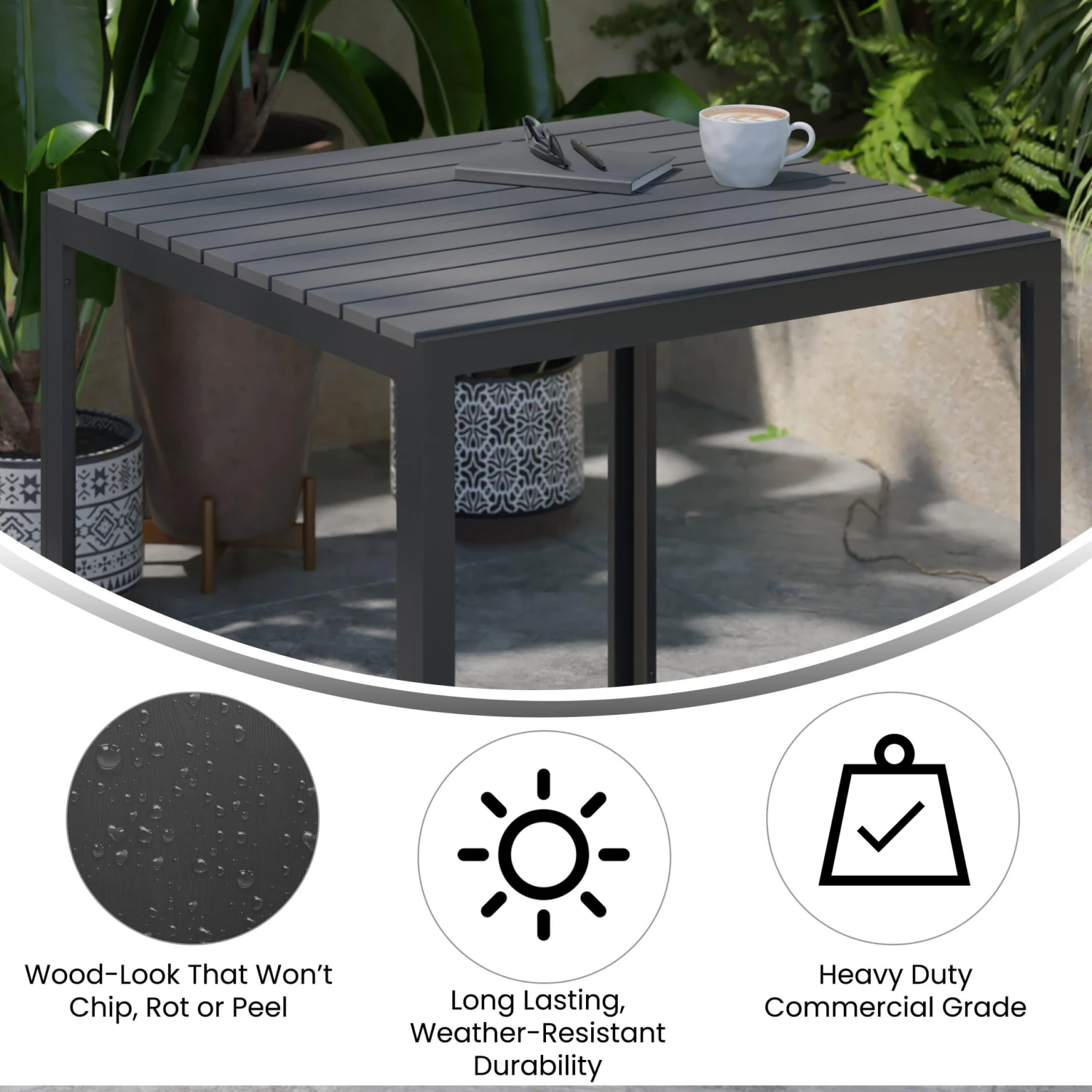 Flash Harris Commercial Grade Indoor/Outdoor Square Steel Patio Dining Table For 4 With Poly Resin Slatted Top - Image 4