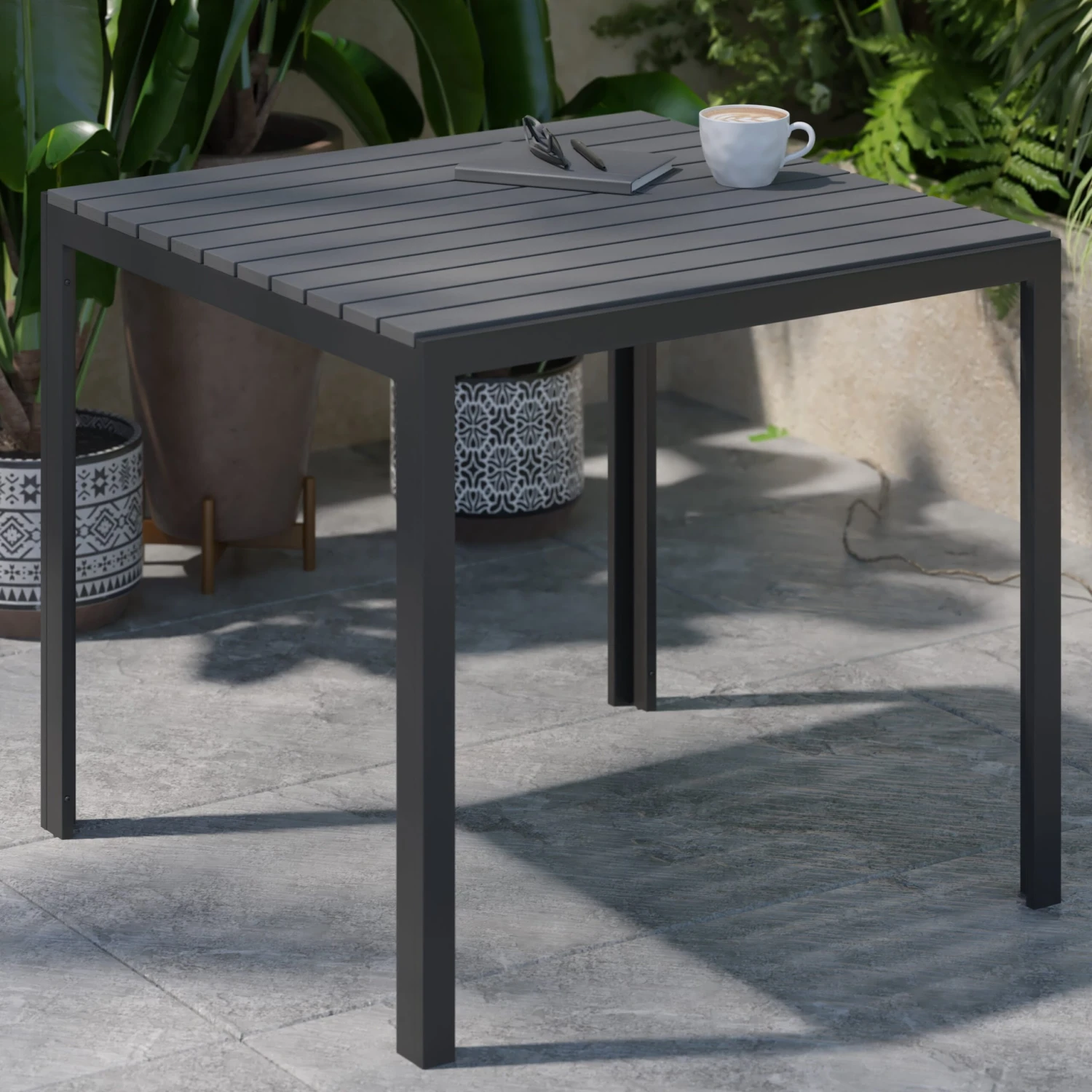 Flash Harris Commercial Grade Indoor/Outdoor Square Steel Patio Dining Table For 4 With Poly Resin Slatted Top - Image 6