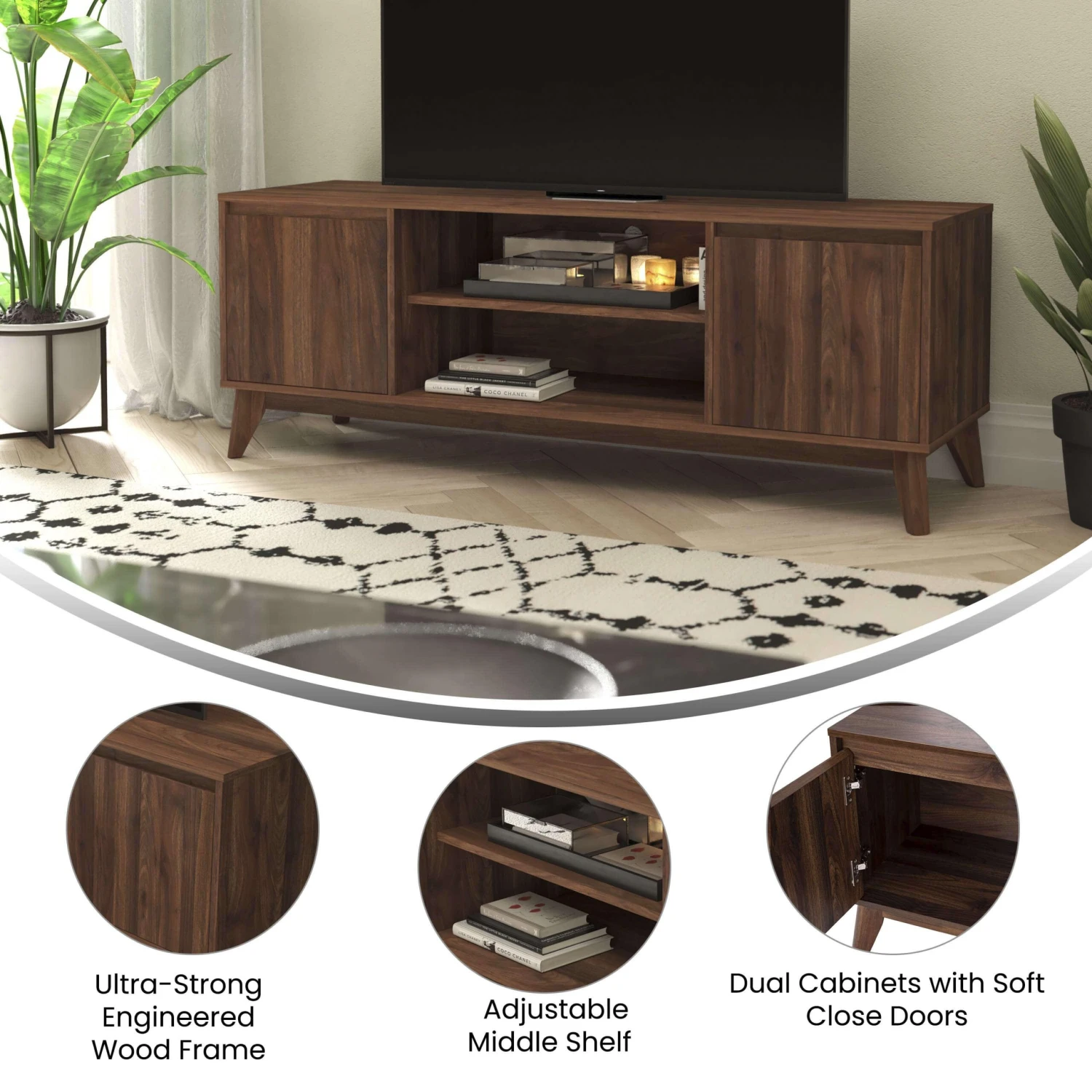 Flash Hatfield Mid-Century Modern TV Stand For Up To 64 Inch TV's - Media Center With Adjustable Center Shelf And Dual Soft Close Doors - Image 16