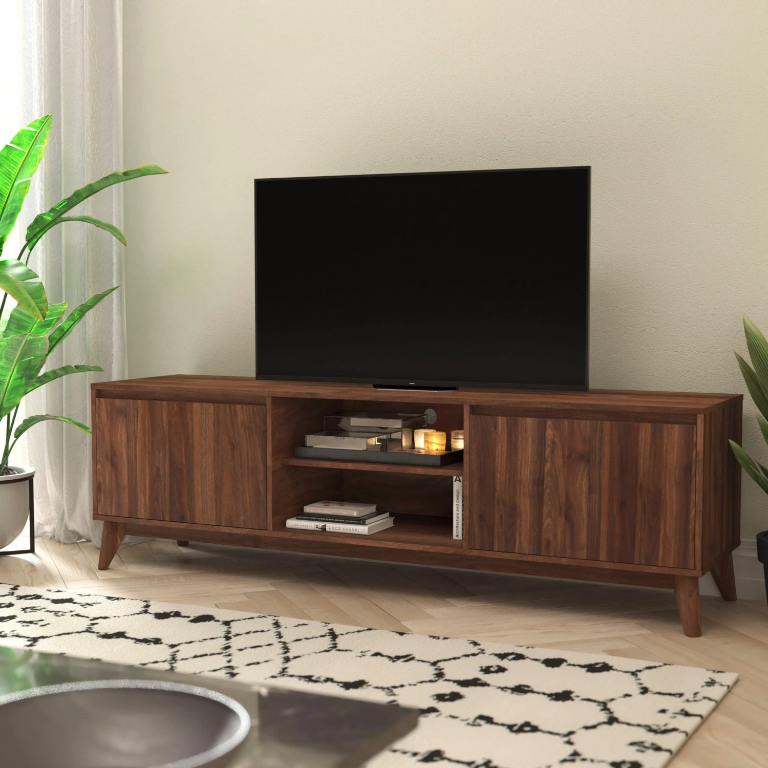 Flash Hatfield Mid-Century Modern TV Stand For Up To 64 Inch TV's - Media Center With Adjustable Center Shelf And Dual Soft Close Doors - Image 2