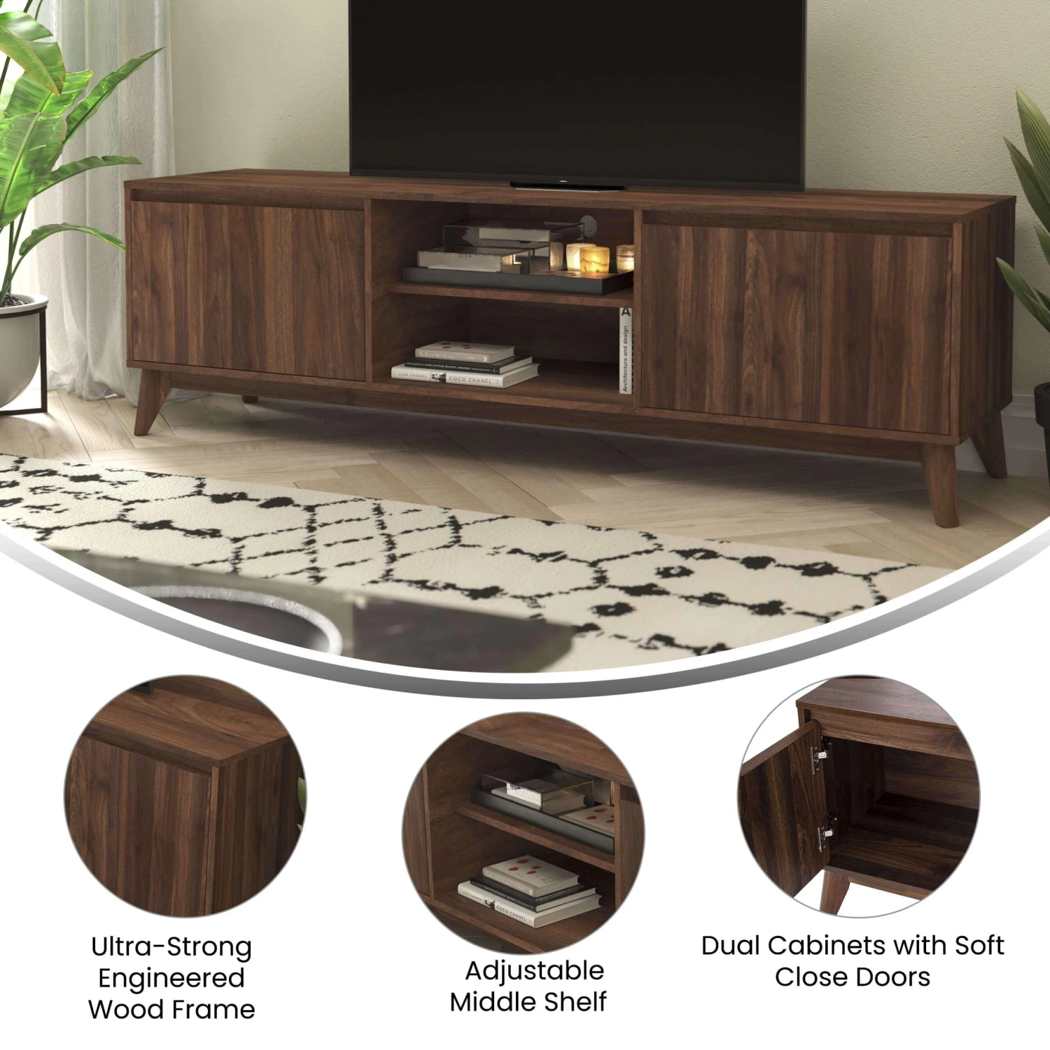 Flash Hatfield Mid-Century Modern TV Stand For Up To 64 Inch TV's - Media Center With Adjustable Center Shelf And Dual Soft Close Doors - Image 4