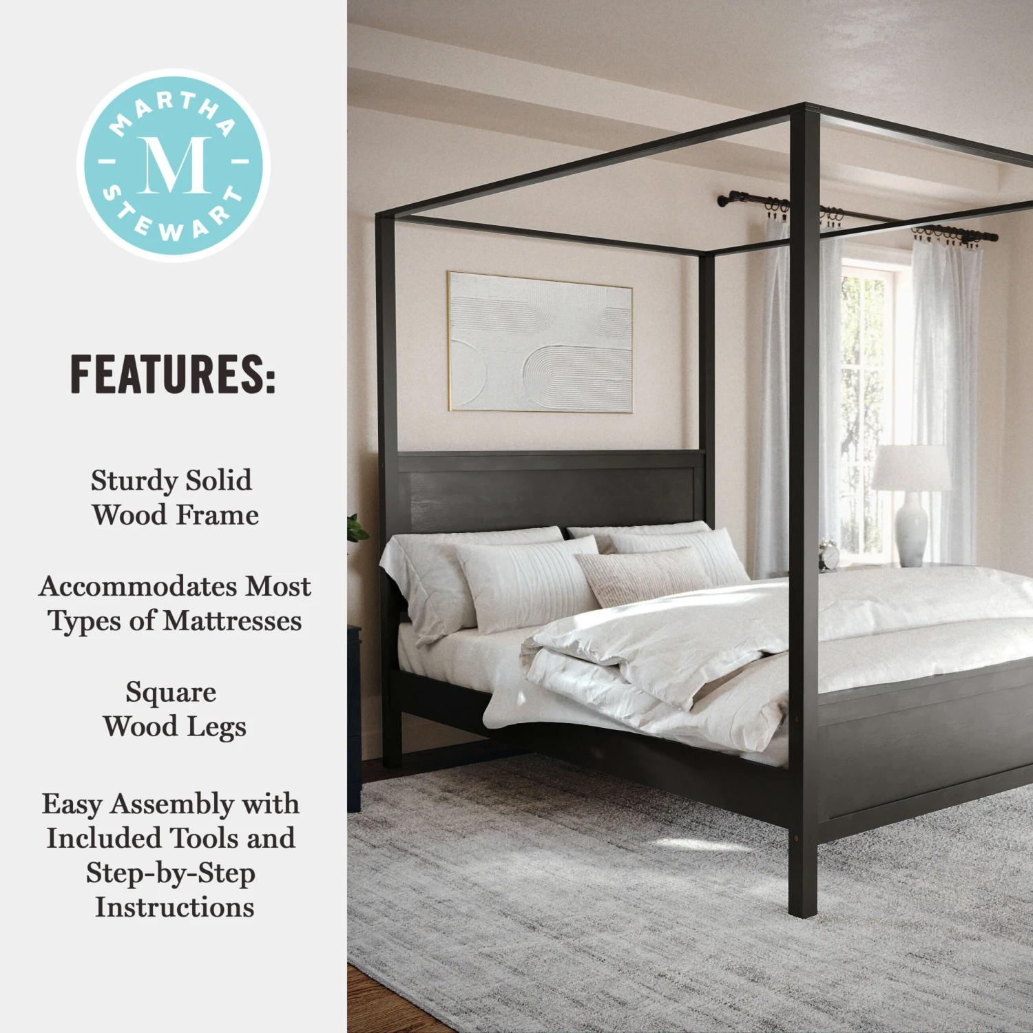 Hayes Solid Wood Canopy Platform Bed With Wood Headboard And Footboard, No Box Spring Needed - Image 4