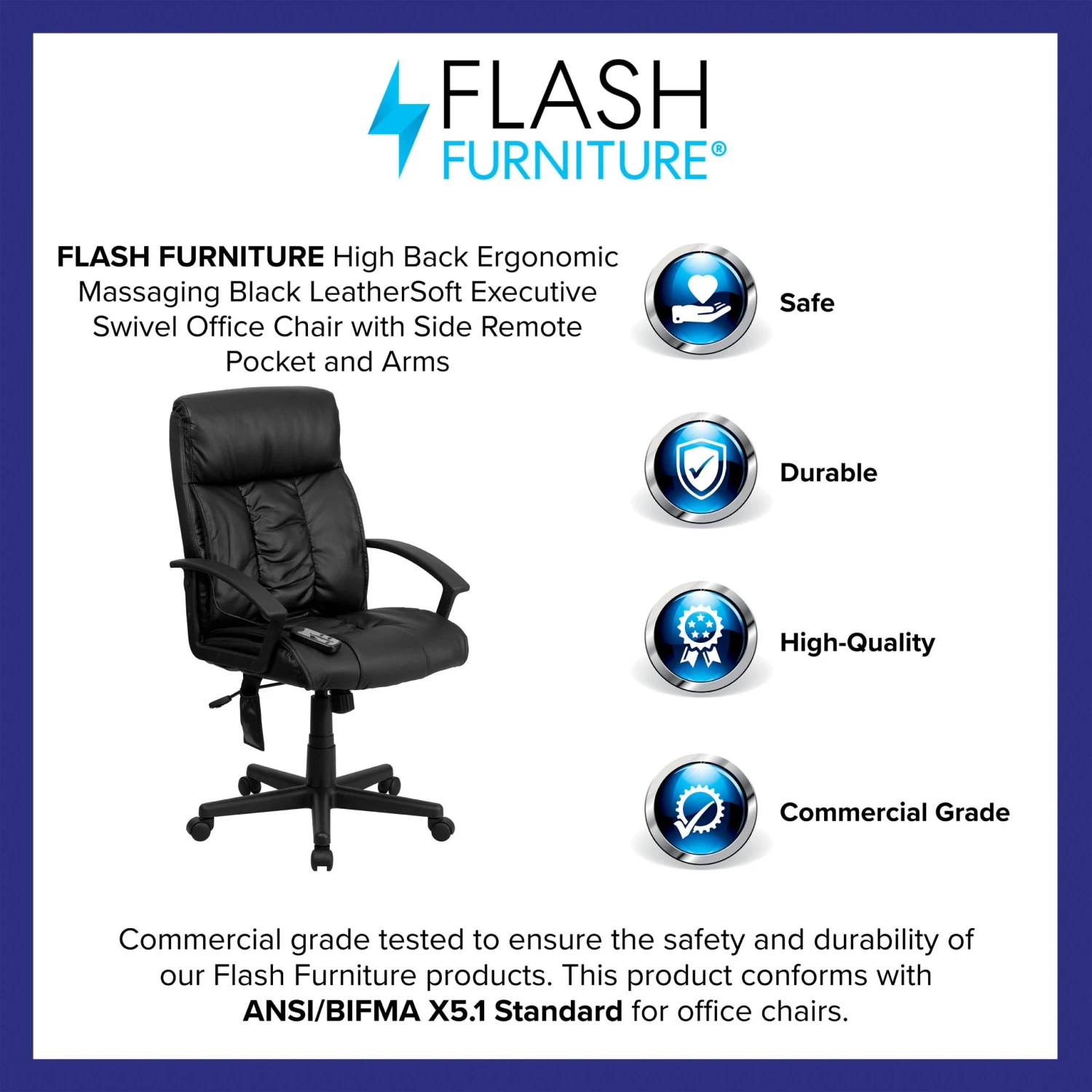 Flash High Back Ergonomic Massaging LeatherSoft Soft Ripple Upholstered Executive Swivel Office Chair With Side Remote Pocket And Arms - Image 4