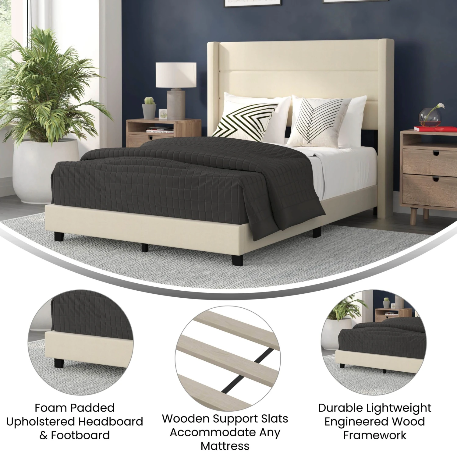Flash Hollis Upholstered Platform Bed With Wingback Headboard, Mattress Foundation With Slatted Supports, No Box Spring Needed - Image 16