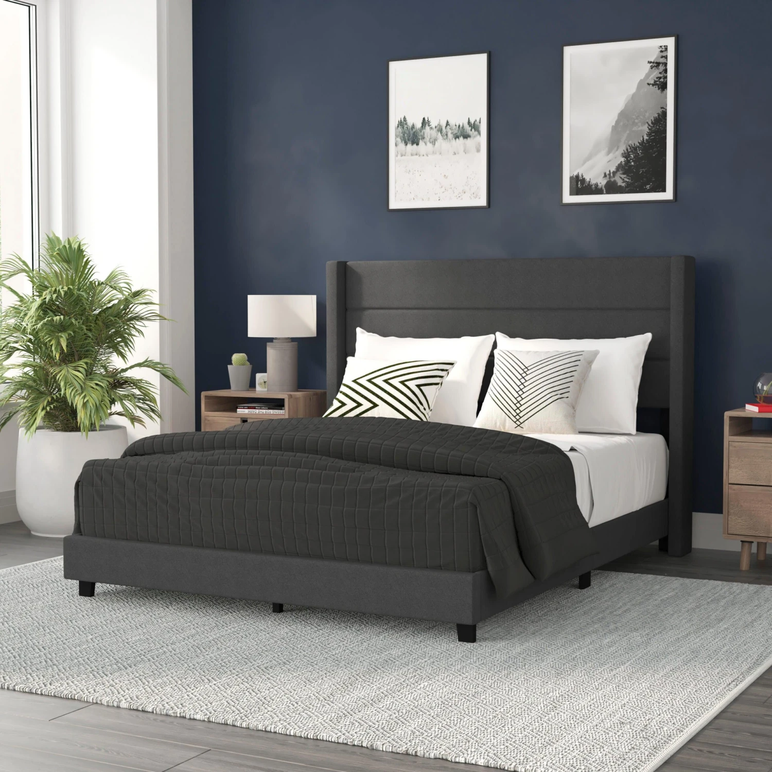 Flash Hollis Upholstered Platform Bed With Wingback Headboard, Mattress Foundation With Slatted Supports, No Box Spring Needed - Image 2
