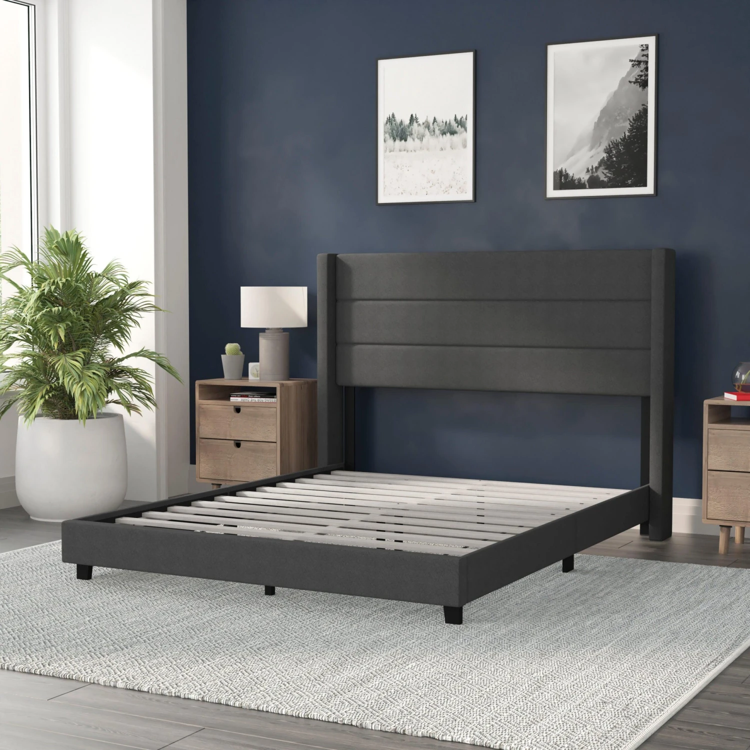 Flash Hollis Upholstered Platform Bed With Wingback Headboard, Mattress Foundation With Slatted Supports, No Box Spring Needed - Image 6